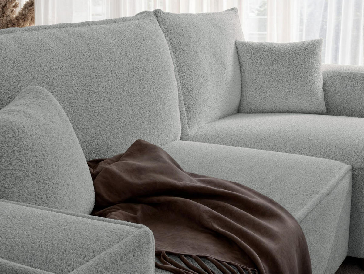 ECKSOFA Scarlo Hellgrau Bouclé-Bezug - Hellgrau/Schwarz, Kunststoff/Textil (244/145cm) - Selsey