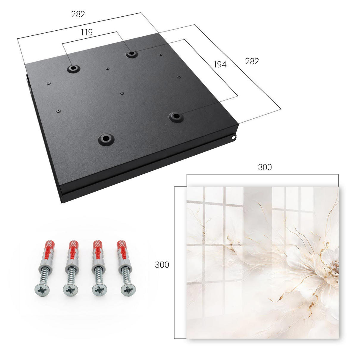 SCHLÜSSELBOX Schwarz 30x30 cm- Türöffnung nach rechts - Elegante Blume - Creme, Metall (30/30/5cm) - TULUP