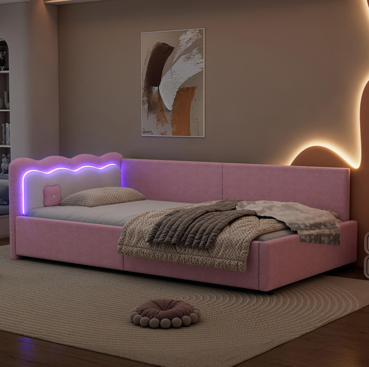 DENNÁ posteľ 90/200 cm ružová s LED osvetlením a roštom zo zamatovej látky a MDF - ružová, textil (90/200cm) - OKWISH