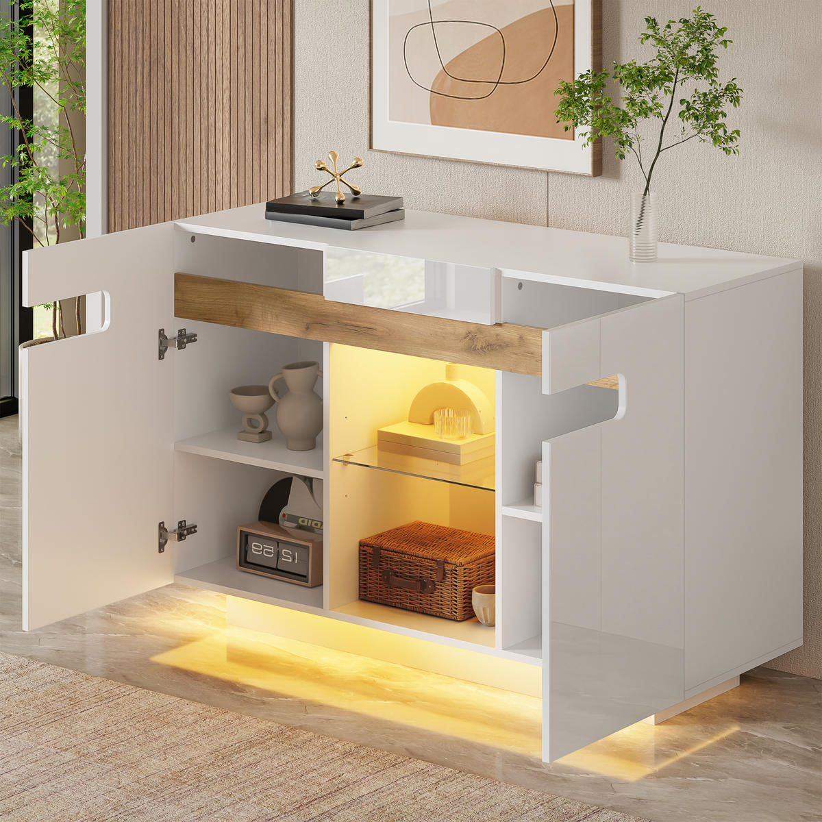SIDEBOARD in Weiß Mehrzweckschrank mit Schublade und LED, hochglänzende Fronten, B120/T40/H80 cm, für Wohn- und Küche - Weiß, Glas/Holzwerkstoff (120/80/40cm) - STILVORA