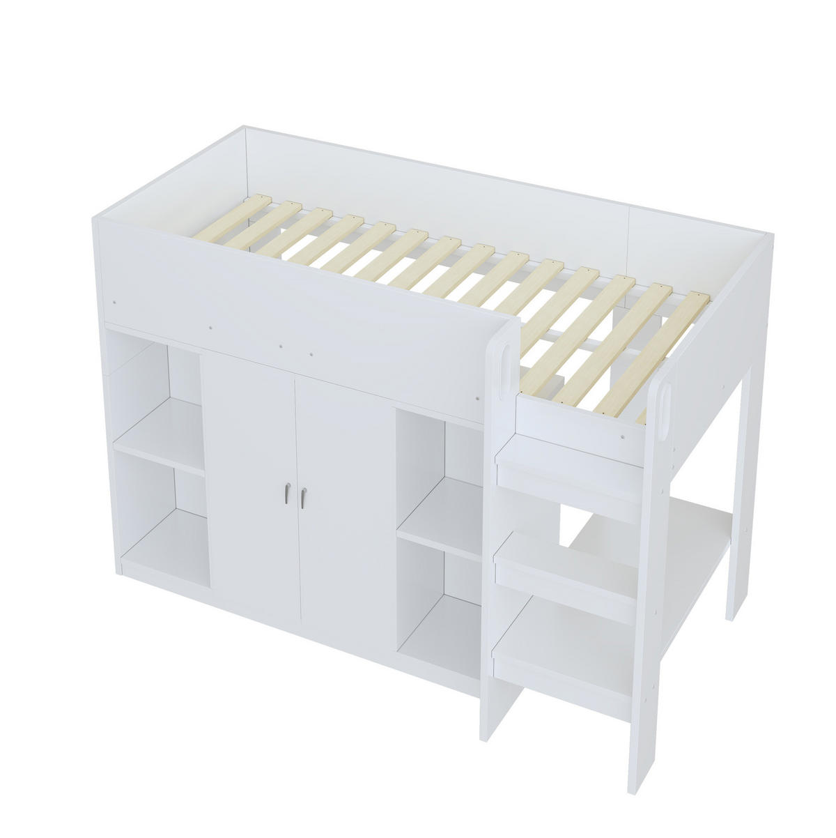 VYVÝŠENÁ posteľ 90/200 cm, biela/sivá, z materiálu na báze dreva so skriňou a regálmi - biela, drevo (90/200cm) - BEAOK