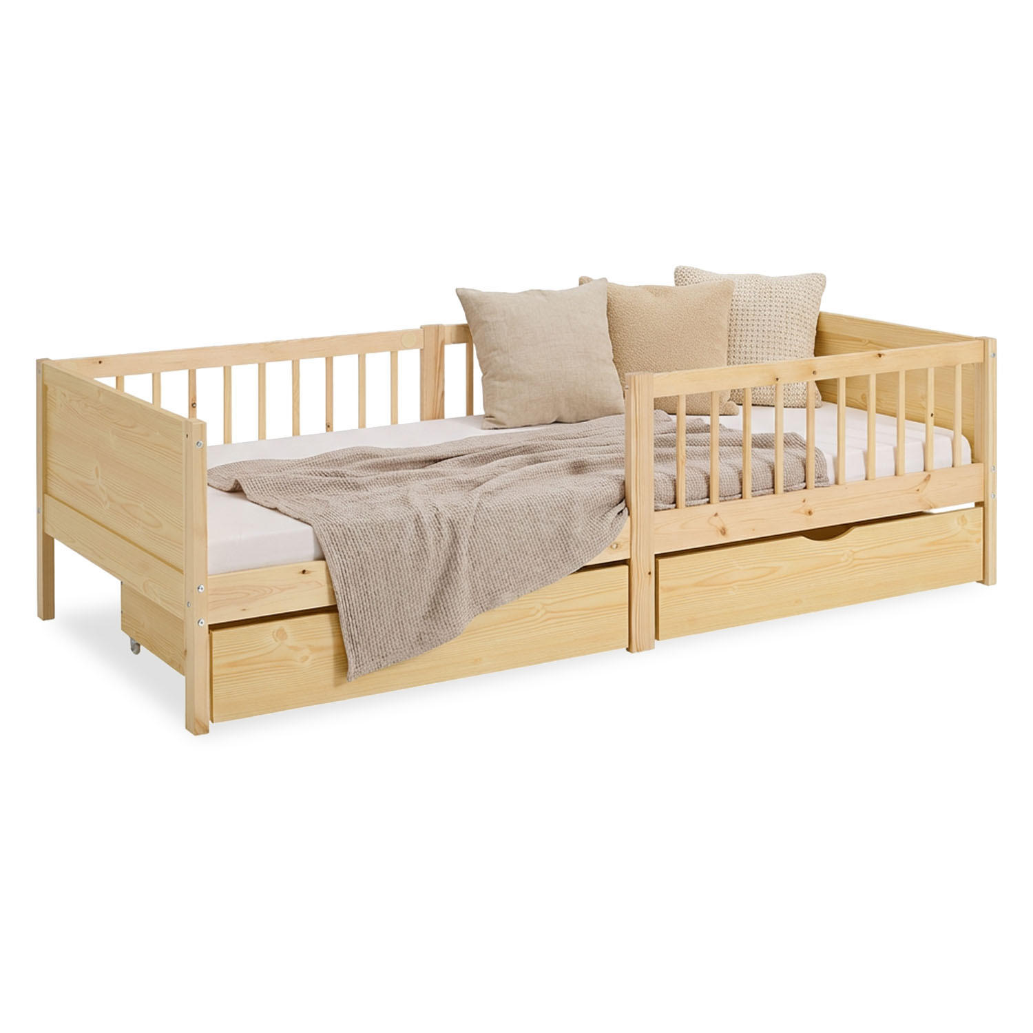 KINDERBETT Natur 90/200 2 Bettkästen Rausfallschutz - Naturfarben, Holz (90/200cm) - Homestyle4u