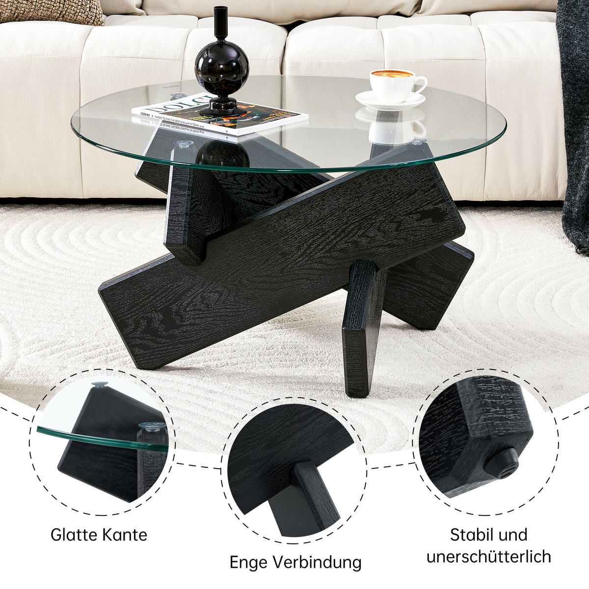 COUCHTISCH in Schwarz Wohnzimmertisch mit Kreativer kreuzförmiger Holzrahmen für Wohnzimmer, B79/T79/H45 cm - Transparent/Schwarz, Glas/Holzwerkstoff (79/79/45cm) - STILVORA