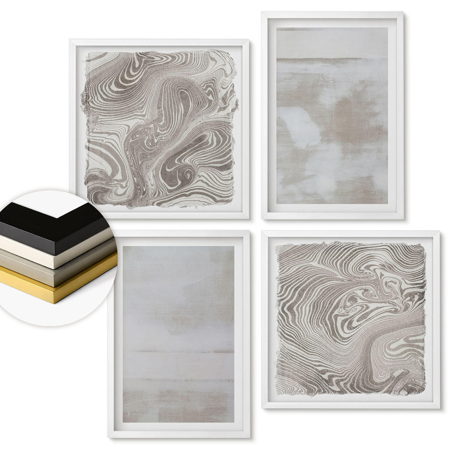 WANDBILDER 4er-Set - 50x50 cm & 40x60 cm Weißer Rahmen - Abgenutzte Texturen, moderner Stil - Weiß, Kunststoff (50/50cm) - ArtPrintCave