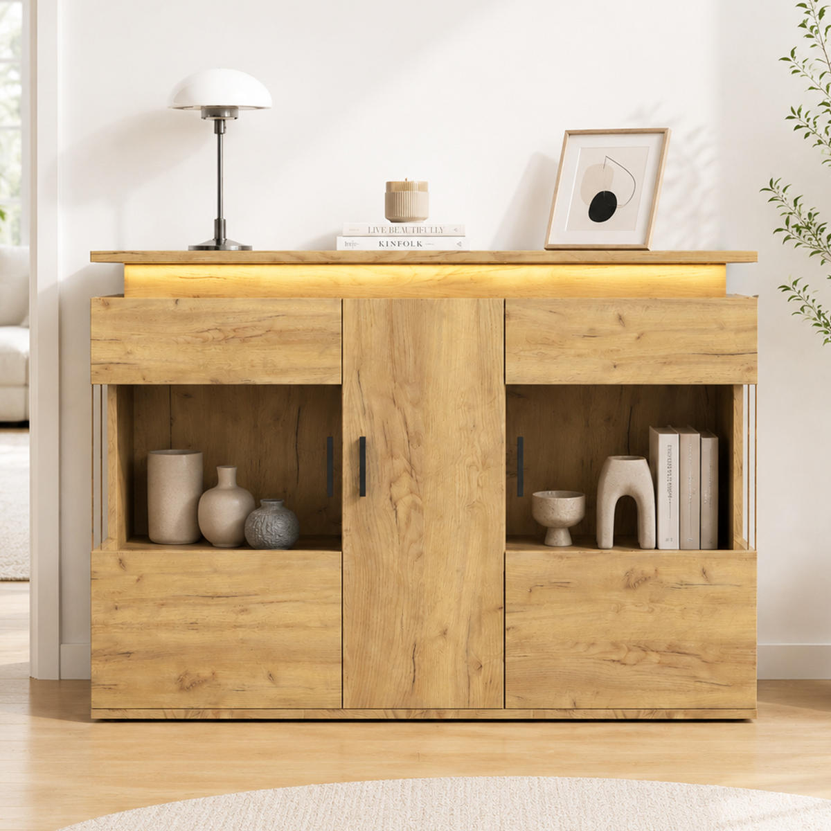 SIDEBOARD mit LED/USB-C Ladestation, Glastüren, 120x40x79,5 cm - Eichefarben/Schwarz, Holz (120/79.5/40cm) - LVHOM