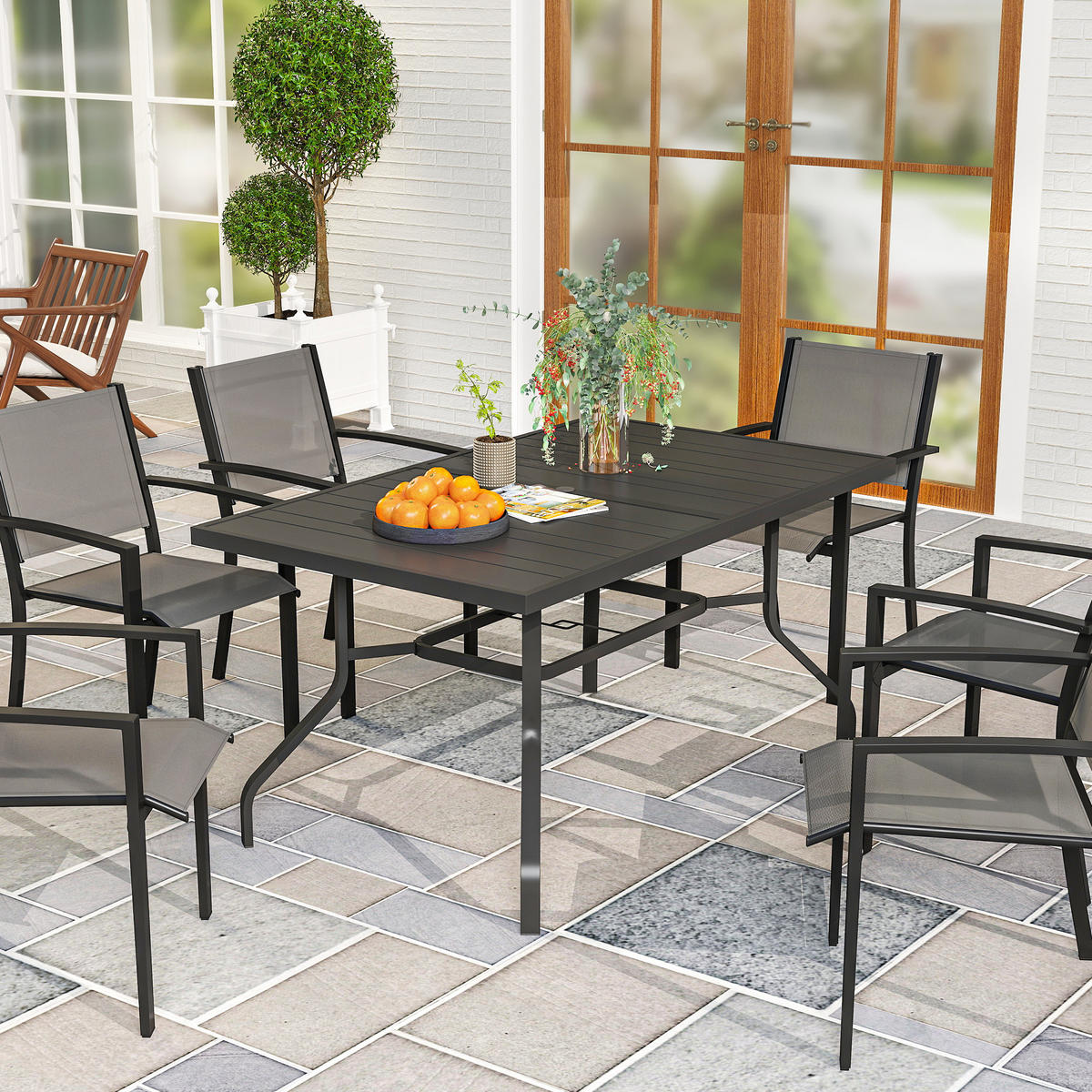 GARTENTISCH 152x90 cm, Wetterfest Balkontisch aus Stahl, mit Schirmloch - Schwarz, Metall (152/90/74cm) - Outsunny