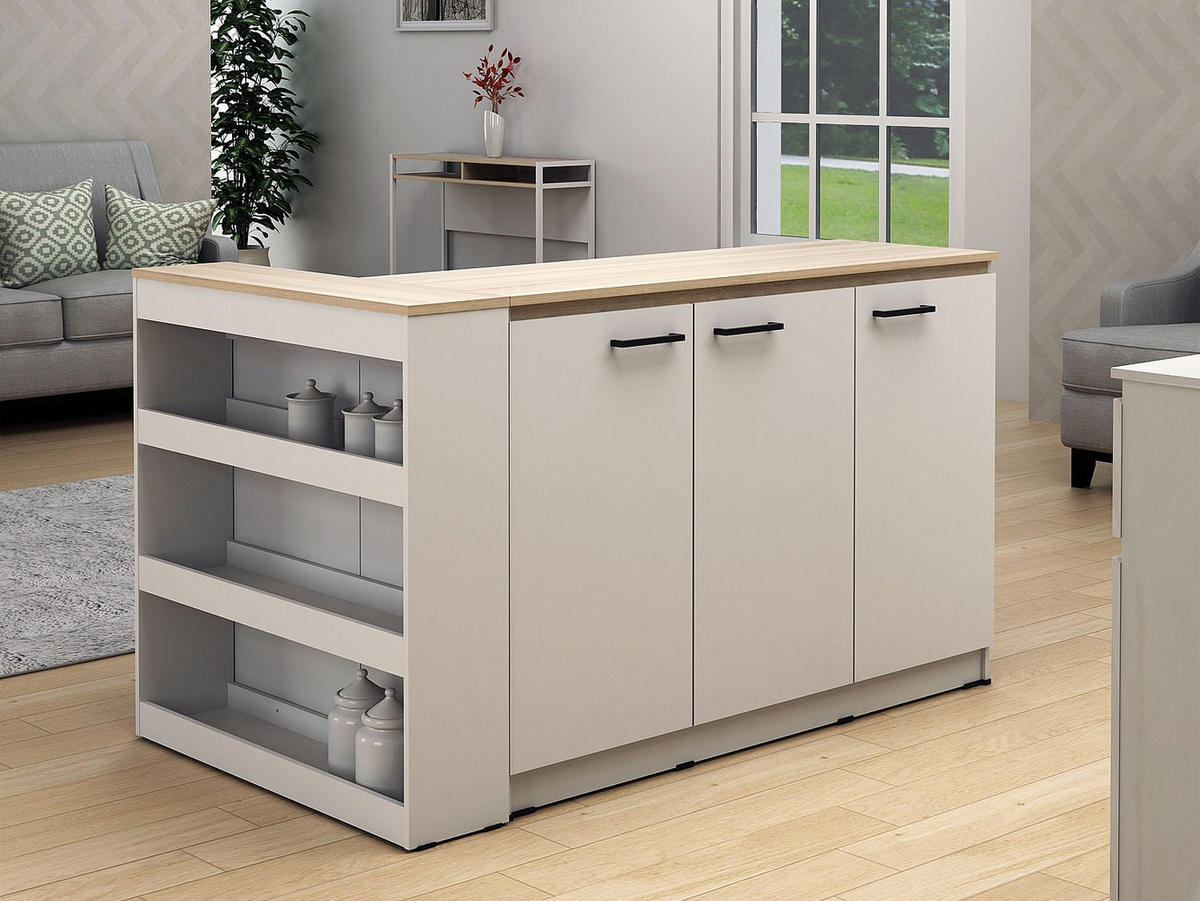 SET zentrale Kücheninsel + 2 Hocker - Weiß & Holzfarben hell - NUSICE - Naturfarben, Holz (138.7/82/79.2cm) - Vente-Unique