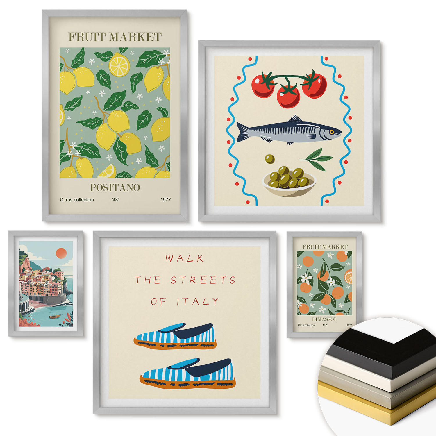 WANDBILDER 5er Set - 50x50 cm & 20x30 cm & 40x60 cm Silberner Rahmen - Italienische Poster mit Fruchtmotiven - Silberfarben, Kunststoff (40/60cm) - ArtPrintCave