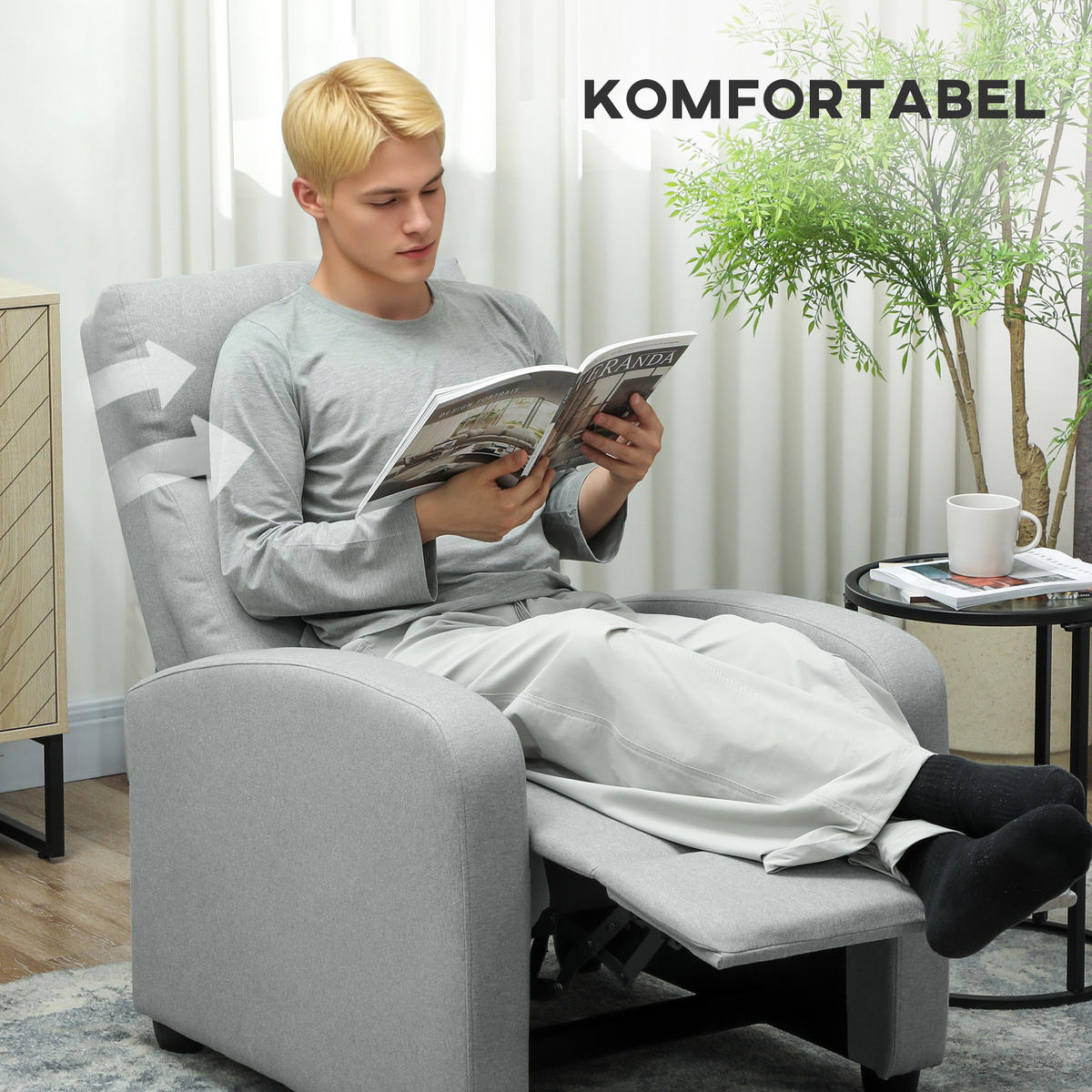 RELAXSESSEL Fernsehsessel mit Liegefunktion, Leinenoptik, für Wohnzimmer Hellgrau - Hellgrau, Textil/Metall (88/101/69cm) - HOMCOM