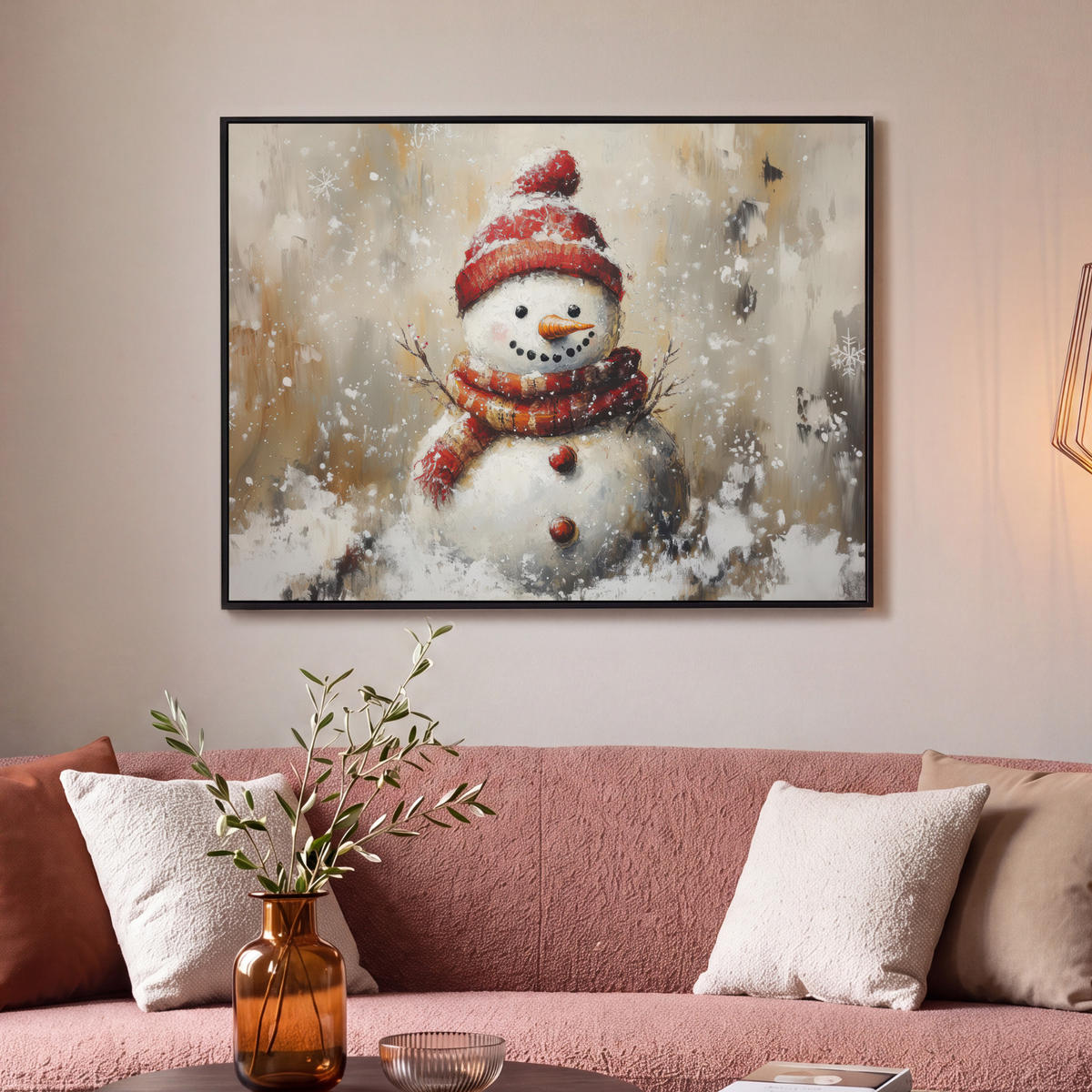 LEINWAND Bilder mit Rahmen - Schneemann - Winter - Schnee - Beige - 100x70 - Weiß, Textil (100/70cm) - MuchoWow