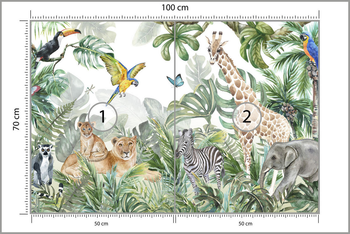 FOTOTAPETE für Kinderzimmer Tropen Dschungel Tiere Palmen Monstera 100x70 - Beige/Orange, Papier (100/70cm) - Muralo