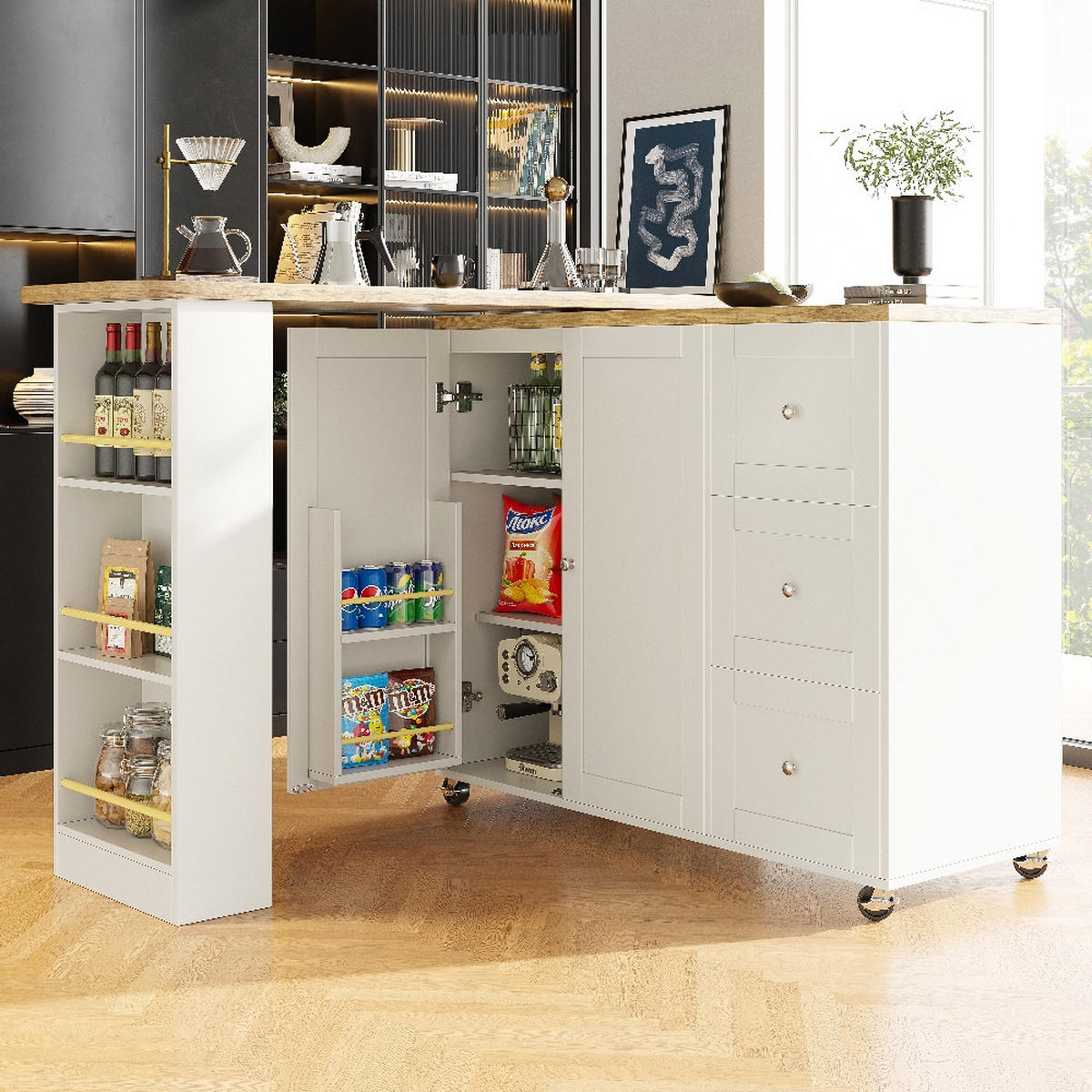 KÜCHENINSEL Stehtisch DREHBAR, Kücheninsel mit Rollen, 3 Schubladen, MDF Weiß, Küche und Wohnzimmer, 203/39/104 cm - Weiß, Kunststoff (39/106/203cm) - Rolipo