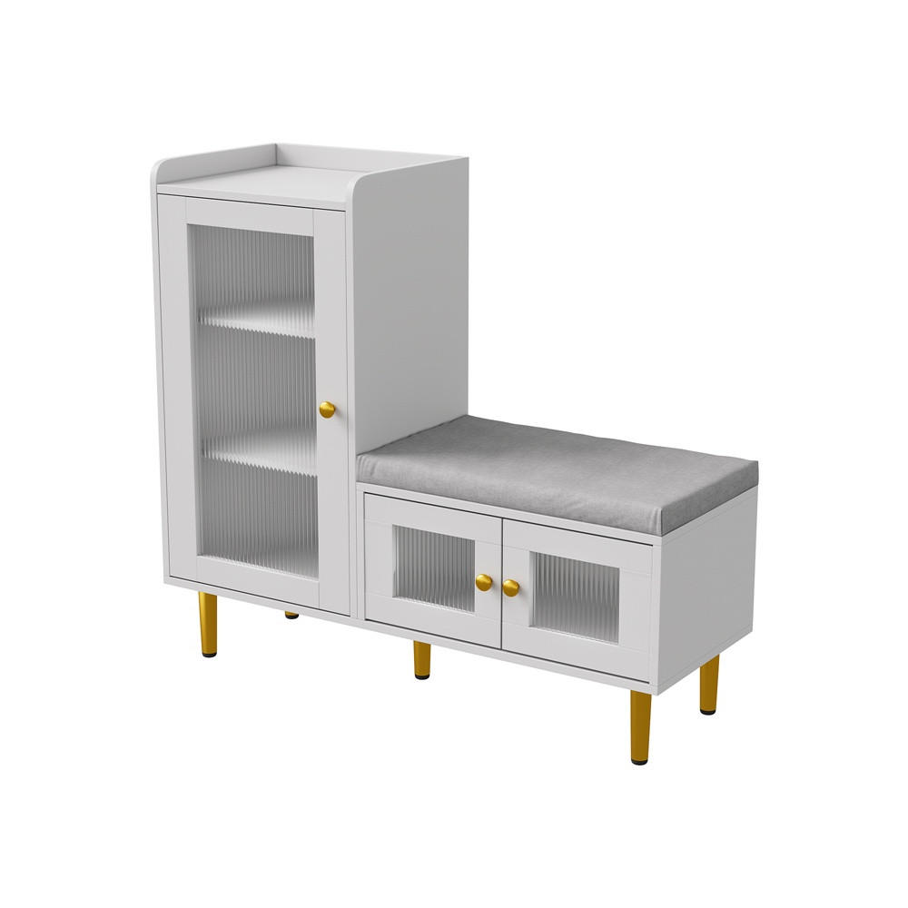 SCHUHSCHRANK mit integrierter Sitzbank - Mehrzweck-Schuhschrank mit geriffelten Glastüren und Sitzkissen - Weiß und Gold - Weiß, Holzwerkstoff (35/69.5/100cm) - DELFA