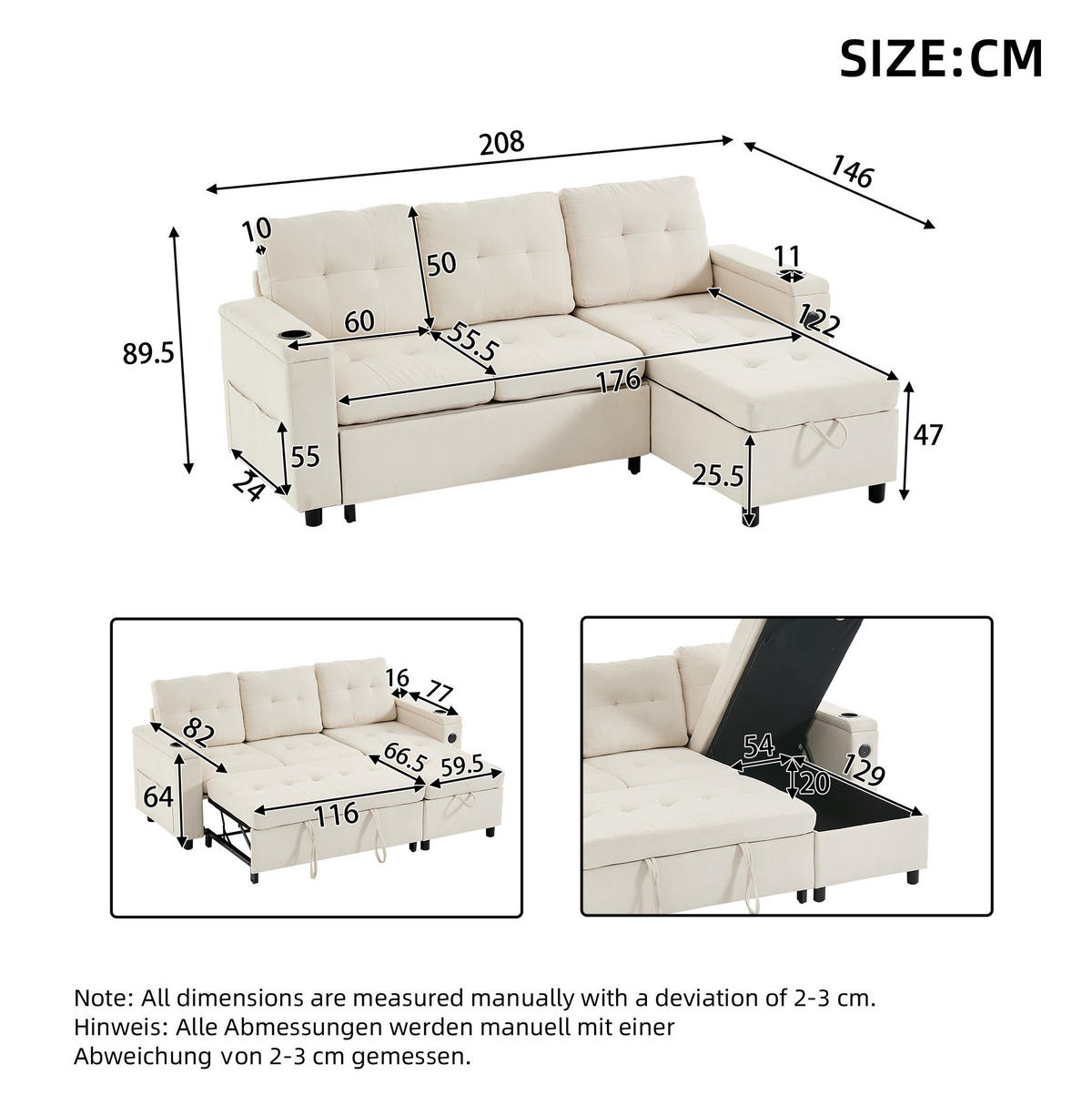 SCHLAFSOFA, Stoff mit Stauraum & LED-Lichtleiste, 208/146/89,5 cm, Beige - Beige, Textil (146/89.5/208cm) - Redom