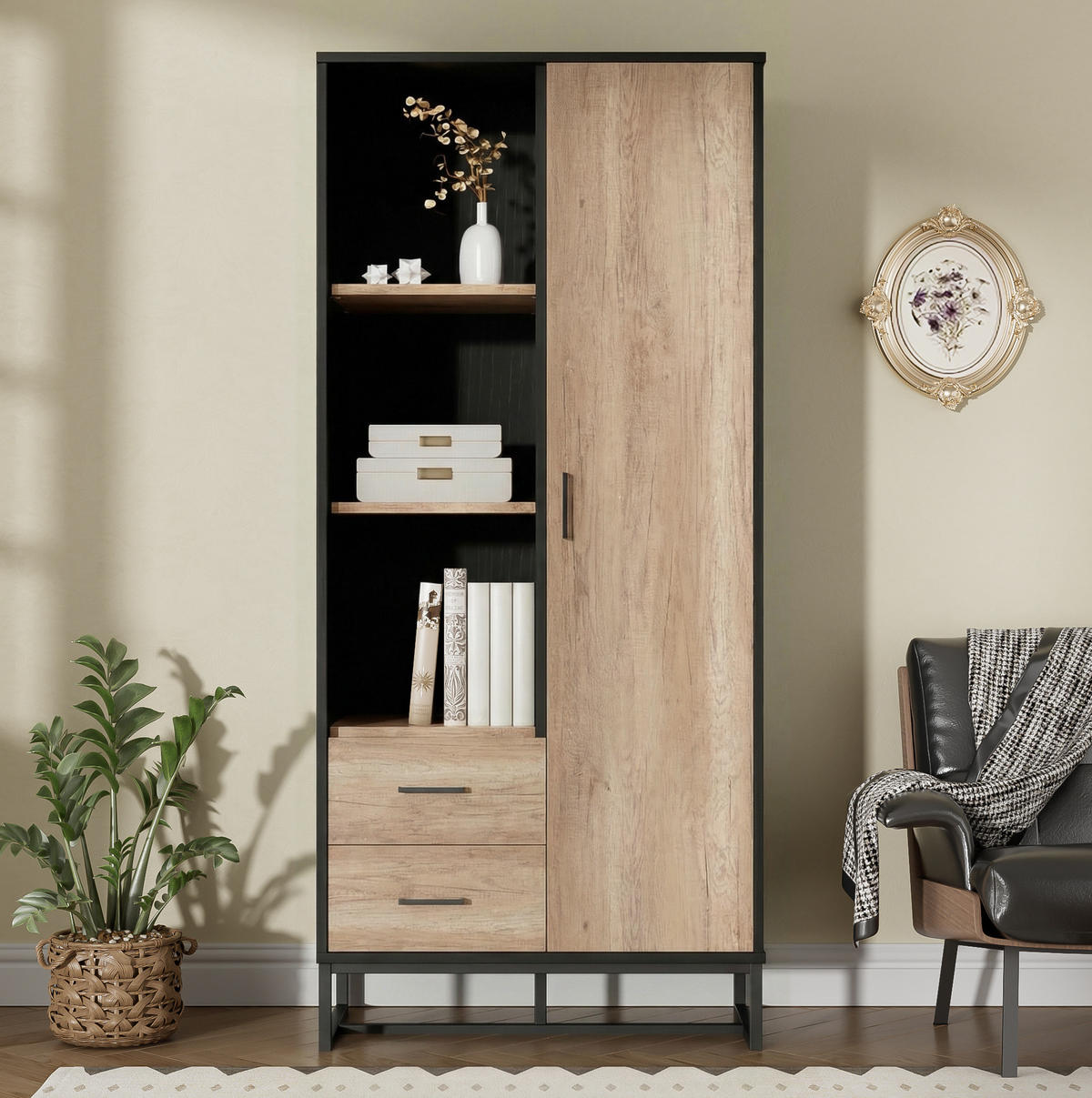 HIGHBOARD aus MDF 80x40x180 cm in Holzoptik und Schwarz mit Tür, Schubladen und offenen Fächern - Schwarz, Holzwerkstoff (80/180/40cm) - IVMEU