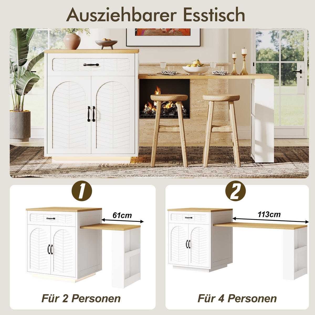 KÜCHENINSEL aus MDF und Metall 80x70x95,5 cm Weiß mit Ausziehtisch, 2 Schubladen, 4 Türen und Weinregal - Weiß, Holzwerkstoff (80/95.5/70cm) - Modfu
