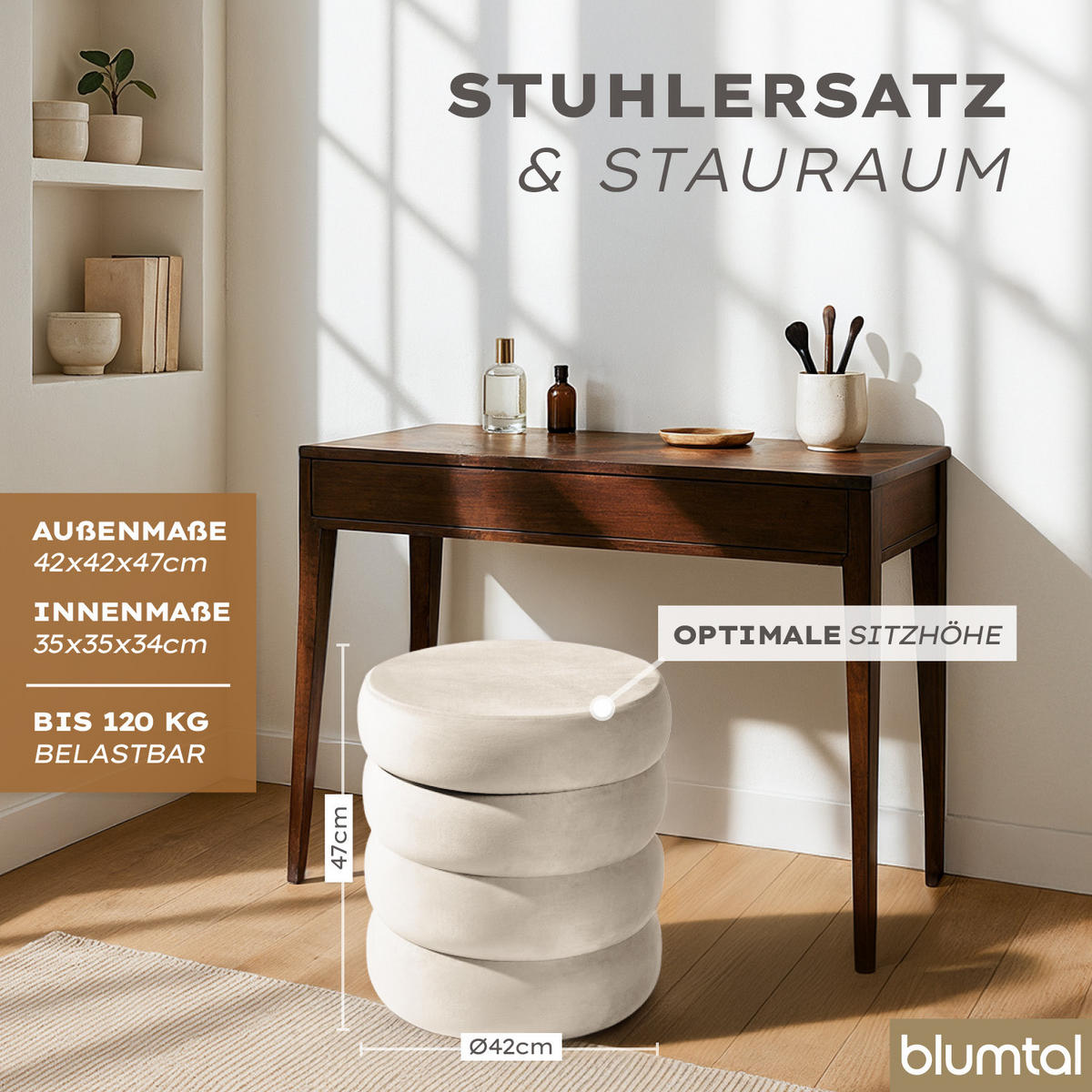 SAMTHOCKER mit Stauraum Rund – Samt Pouf Creme - Beige, Textil (42/47/42cm) - Blumtal