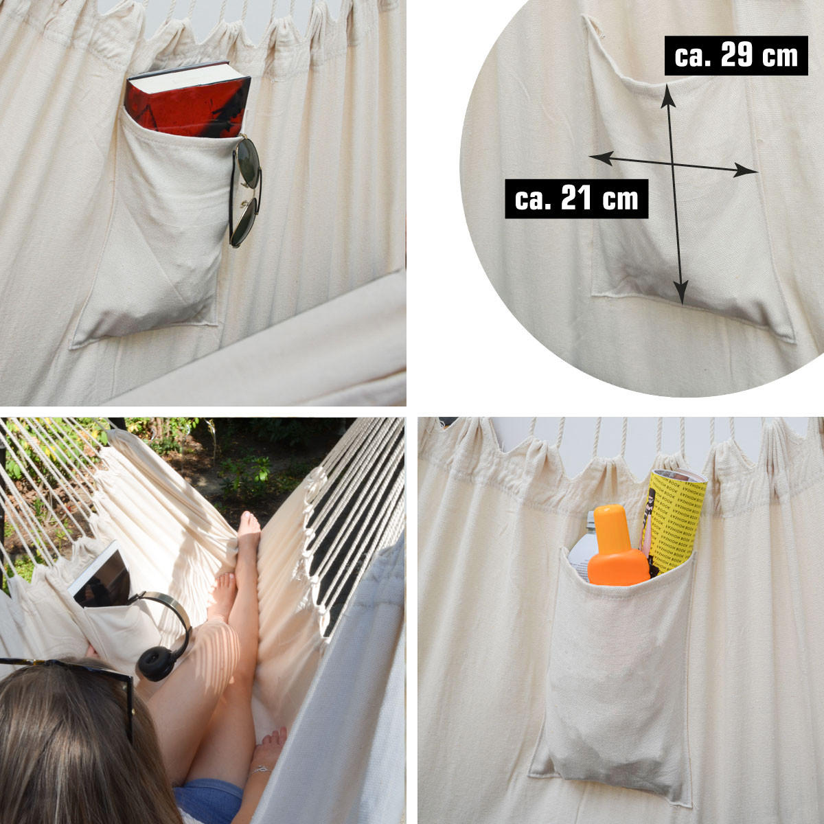 XXL-HÄNGESESSEL mit Kissen und Seitenfach, 220/120cm, Beige - Beige, Textil (120/145/220cm) - Amanka