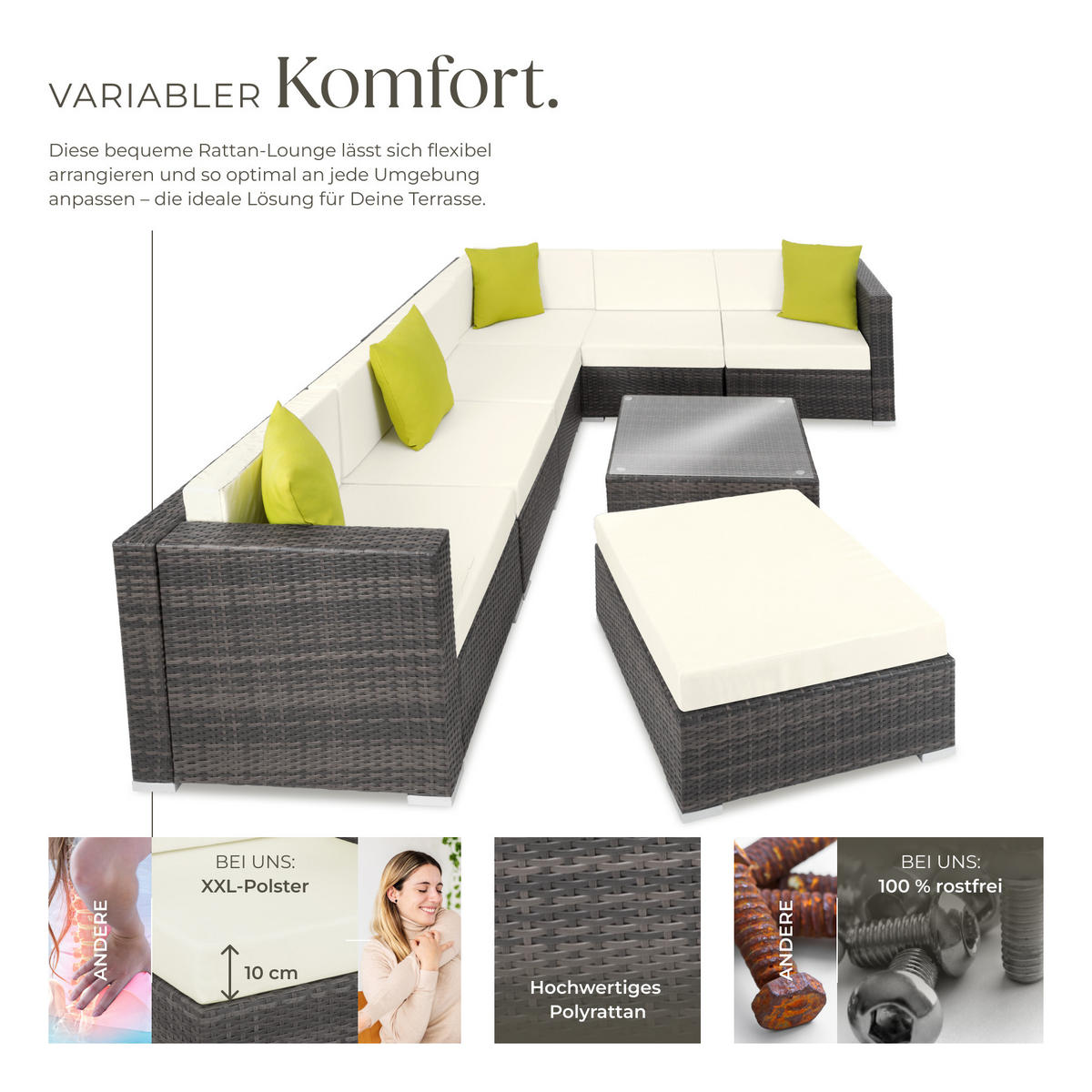 RATTANLOUNGE Marbella,mit Sicherheitsglasplatte,grau - Grau, Kunststoff - tectake