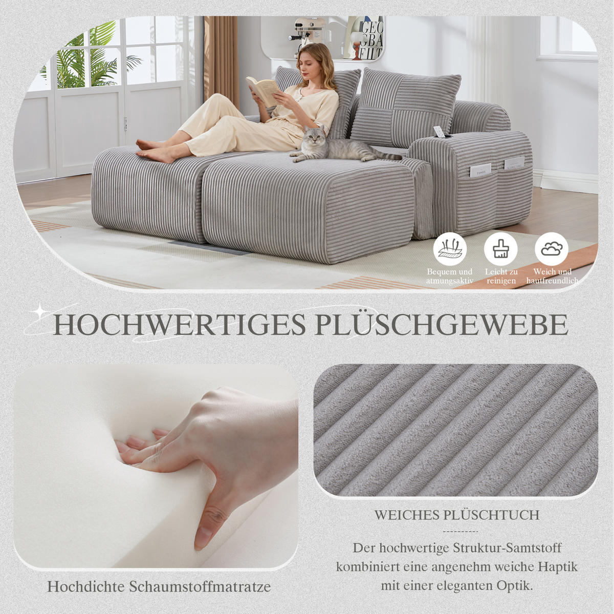 MODULARES 2-Sitzer Sofa Cord mit Getränkehalter und Seitentasche 200/174/80 cm Hellgrau - Hellgrau, Textil (174/80/200cm) - Redom