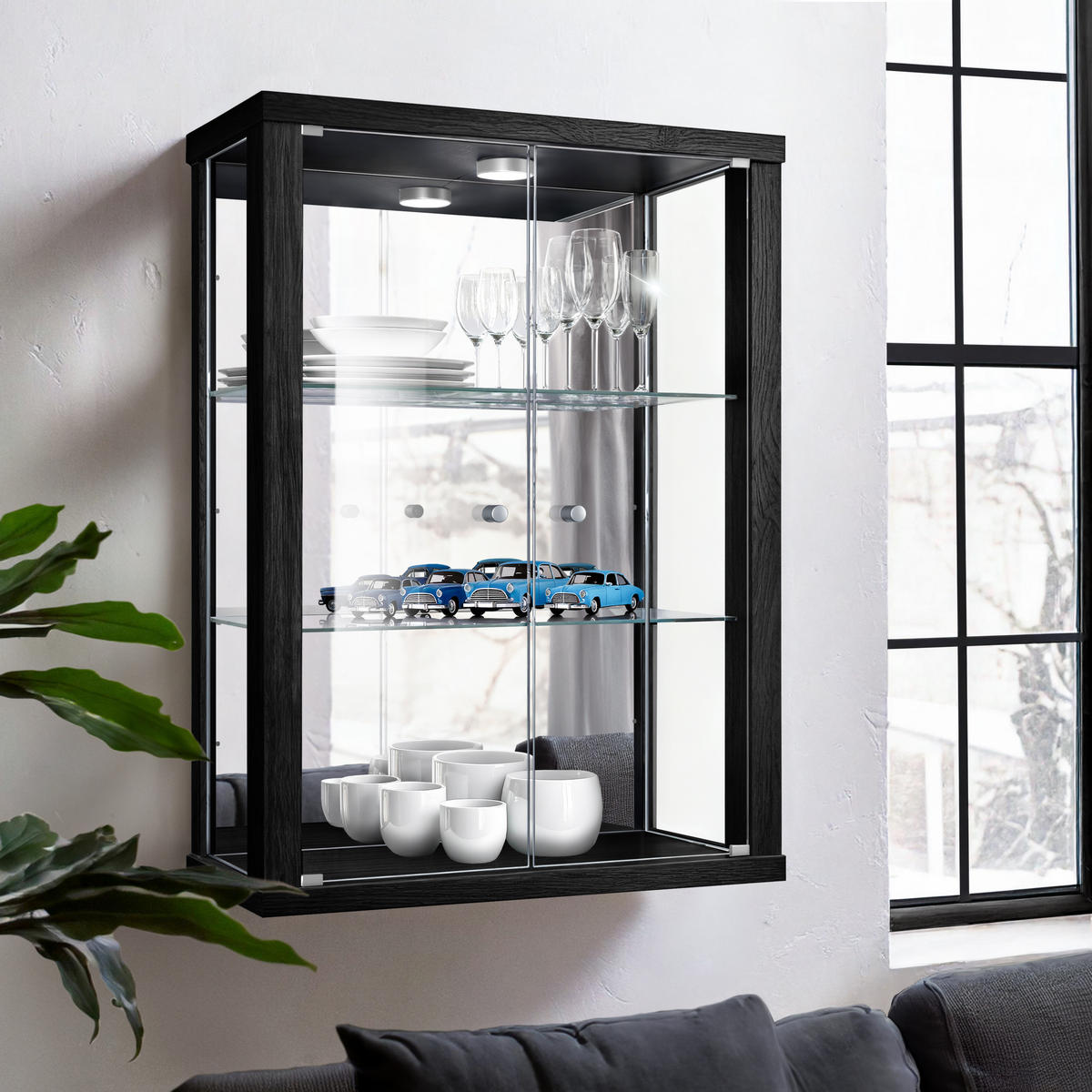 HÄNGEVITRINE 25/60/80 cm mit Spiegel, LED & 2 höhenverstellbaren Glasböden - Transparent/Silberfarben, Glas/Holzwerkstoff (60/80/25cm) - K-Möbel