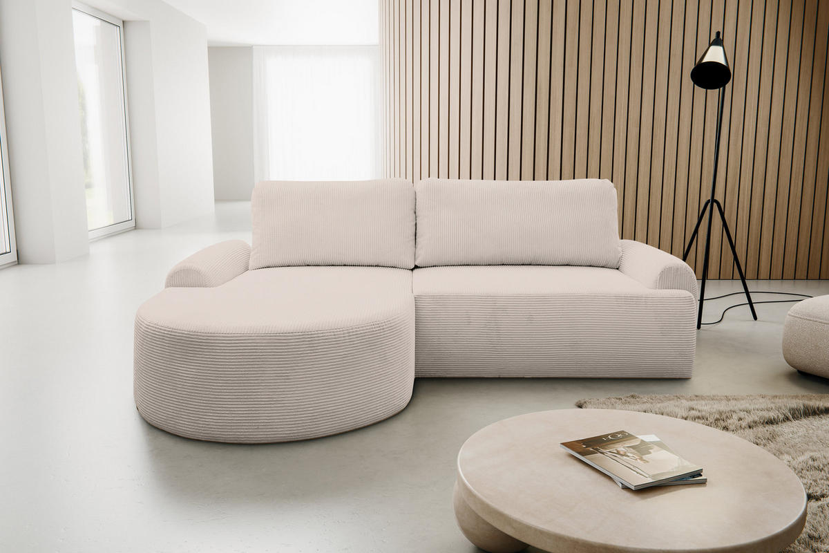 ECKSOFA Dream Cord in L-Form mit Schlaffunktion und Bettkasten, Farbe: Beige, Cordstoff, Ottomane Links - Beige, Textil (136/260cm) - VENASI MÖBEL