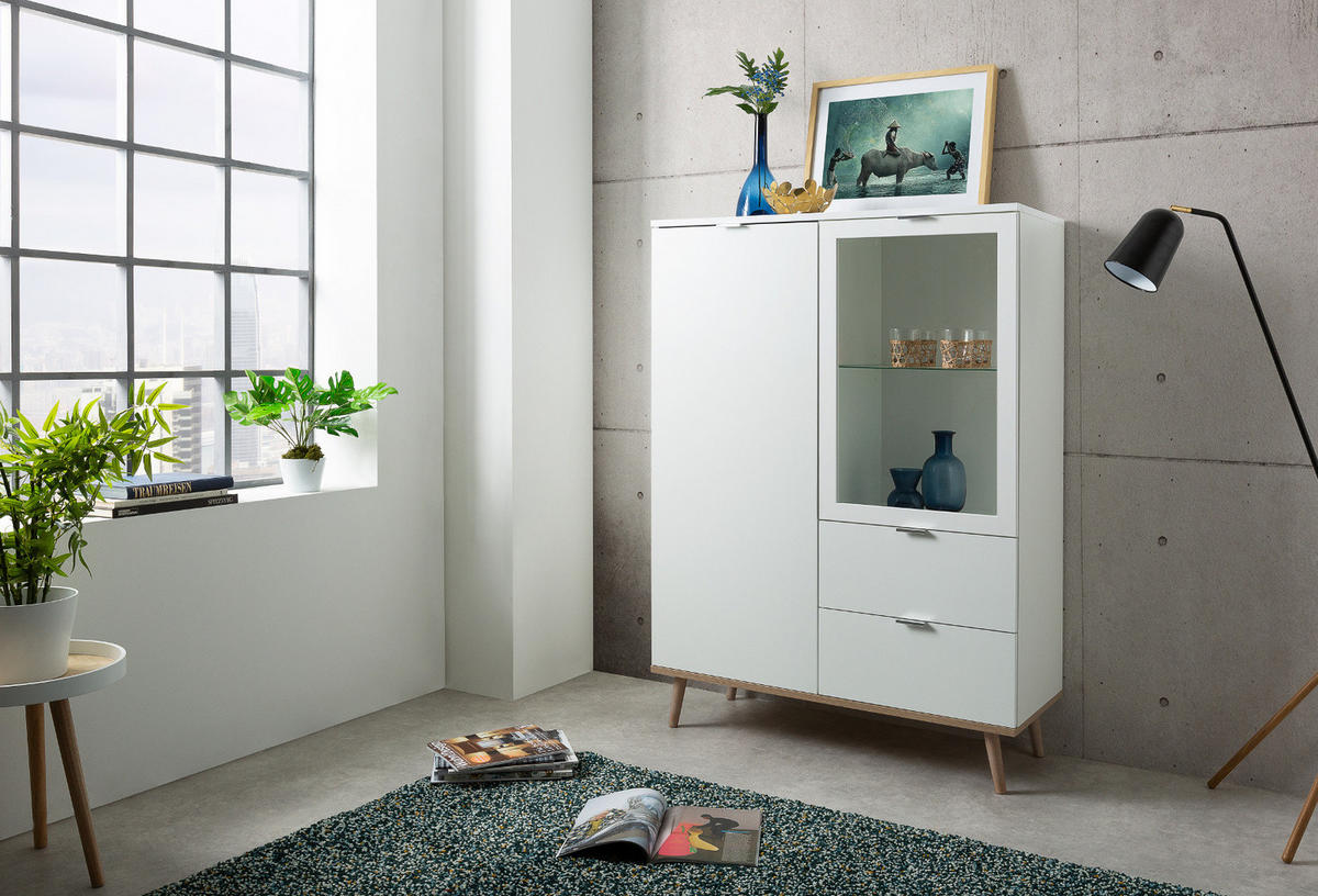 HIGHBOARD weiß matt, Eiche Sonoma massiv, 100 cm, Vitrine skandinavisch - Chromfarben/Eichefarben, Glas/Holz (100/140/40cm) - Furn.Design