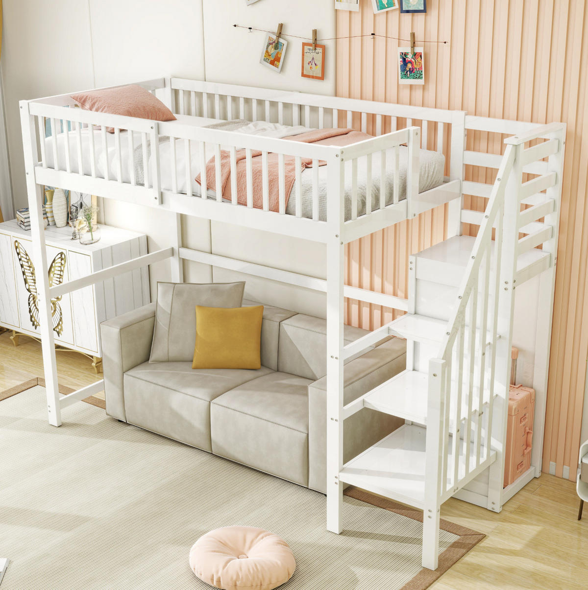 HOCHBETT 90/200 cm Weiß aus Holz mit Treppe, Regal und Kleiderschrank - Weiß, Holz (90/200cm) - Flora Grace