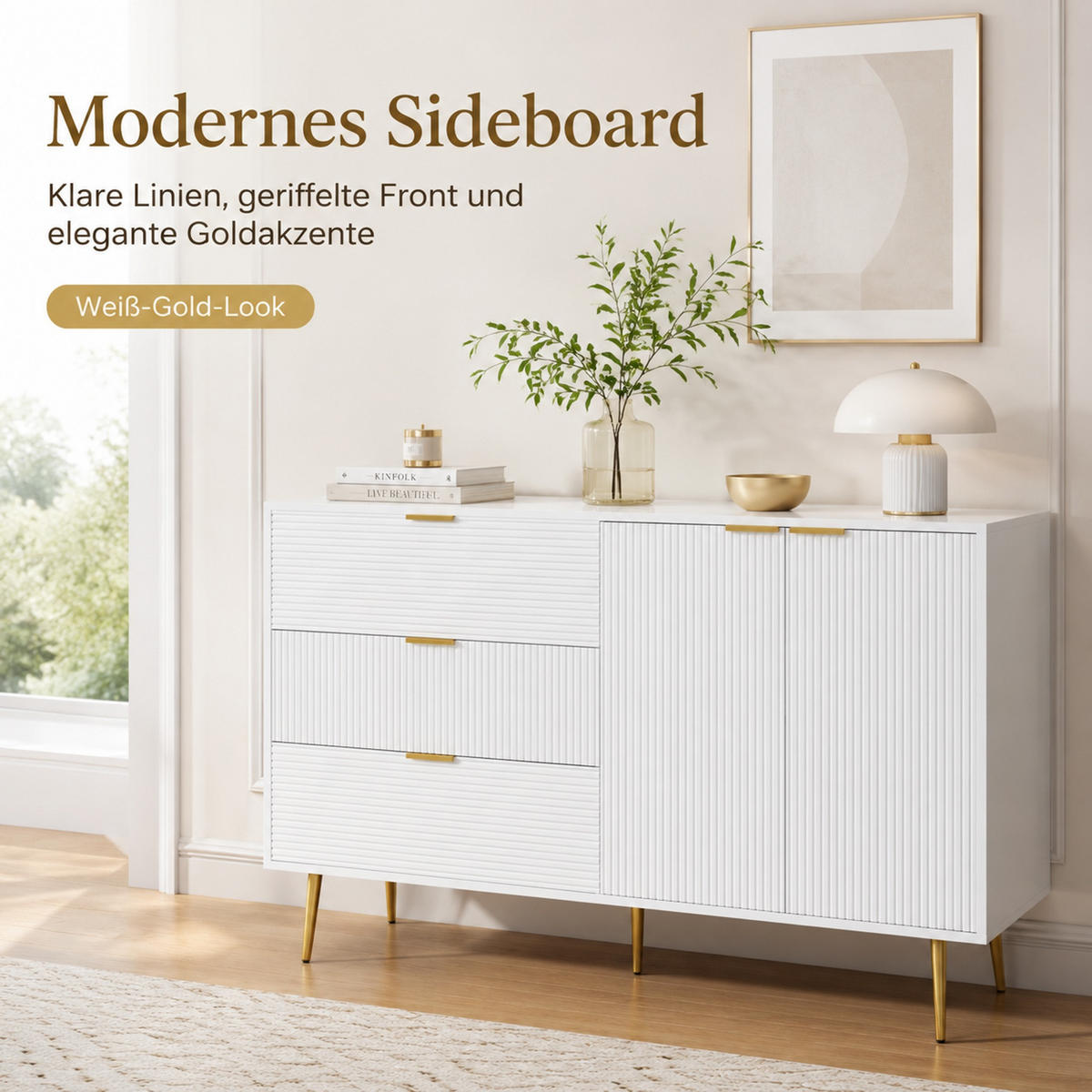 SIDEBOARD z MDF, 120/38/80,5 cm bílý/zlatý se 3 zásuvkami a 2 dvířky - bílá, kompozitní dřevo (120/80.5/38cm) - Modenvie