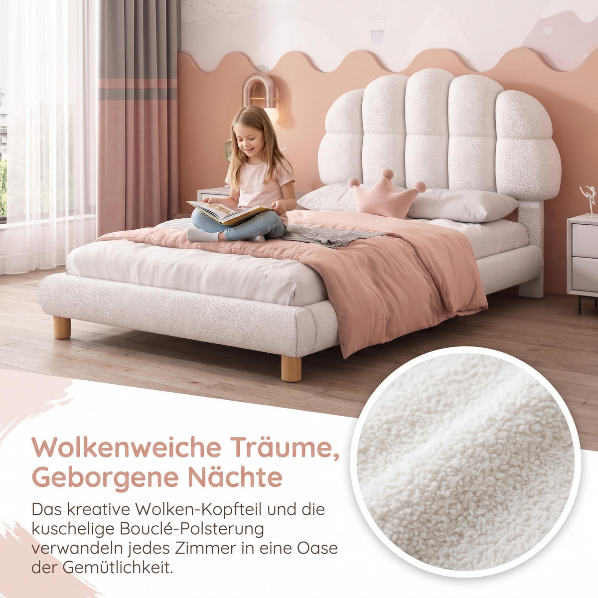 KINDERBETT 90x200 cm Polsterbett mit Verstellbares Kopfteil Weiß - Weiß/Rosa, Holz/Textil - PARAFTA HOME