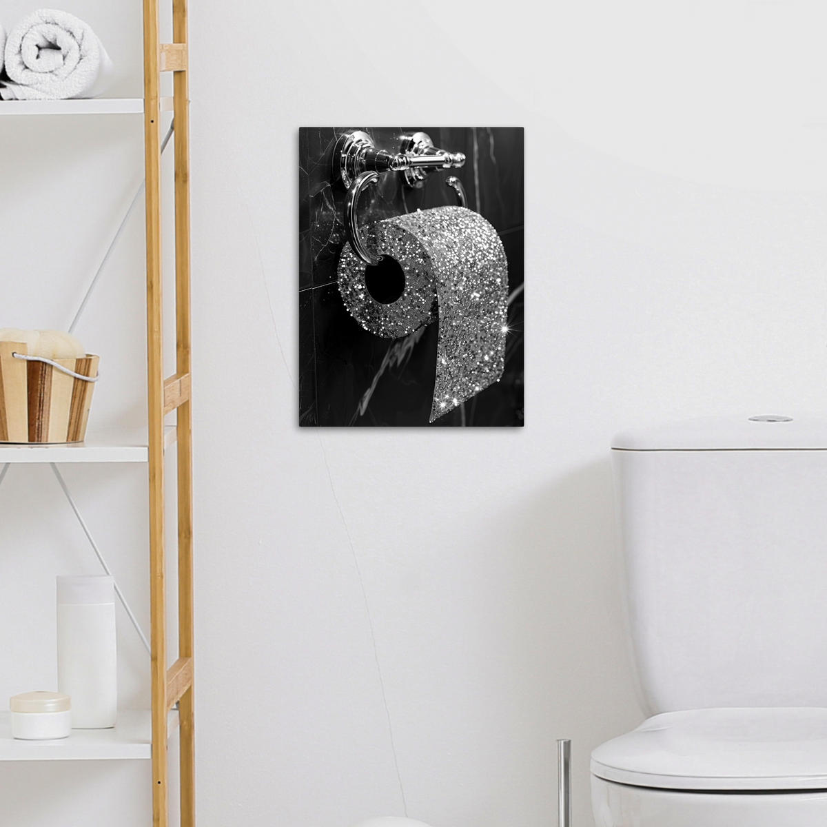 LEINWANDBILD WC - Toilettenpapier - Schwarz und weiß - Glitter 30x40 cm - Silberfarben, Textil (30/40cm) - MuchoWow