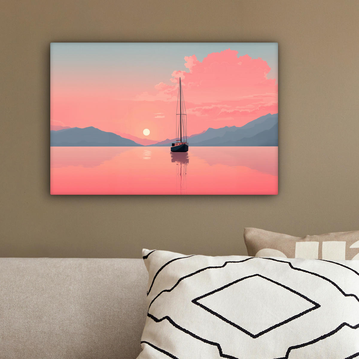 LEINWANDBILD Segelboot - Rosa Meer - Sonnenuntergang - Berge Deko Schlafzimmer 30x20 cm - Rosa, Textil (30/20cm) - MuchoWow