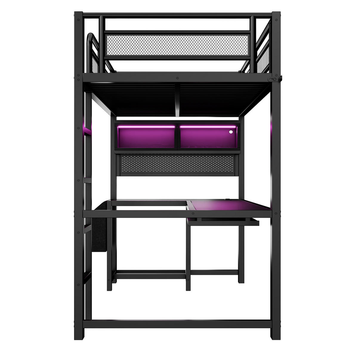 HOCHBETT 90/200 cm in Schwarz aus MDF und Metall mit Schreibtisch, LED und Steckdosen - Schwarz, Holzwerkstoff/Metall (90/200cm) - WISHDOR