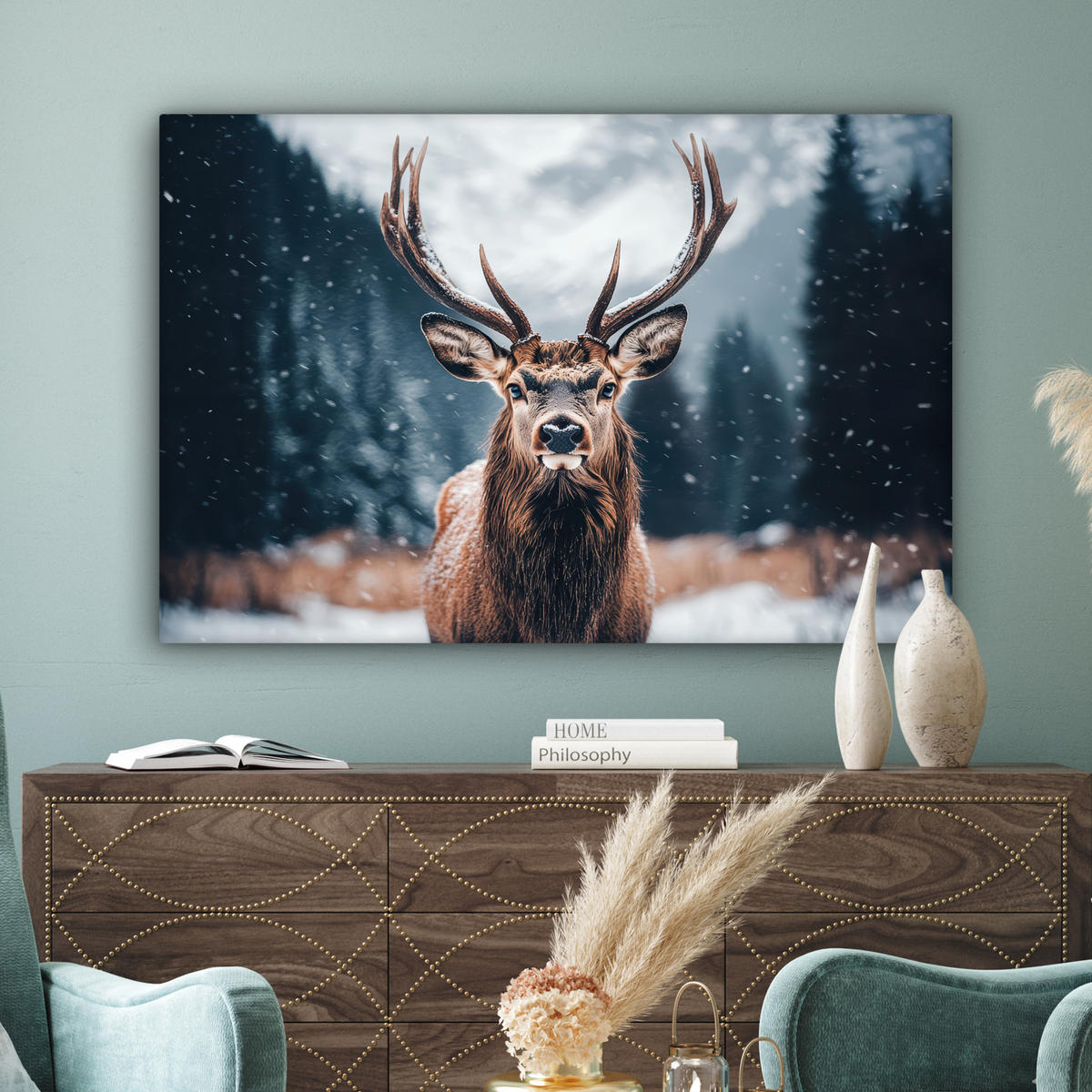 LEINWANDBILD Hirsche - Tiere - Landschaft - Winter - Schnee XXL 150x100 cm - Kastanienfarben, Textil (150/100cm) - MuchoWow