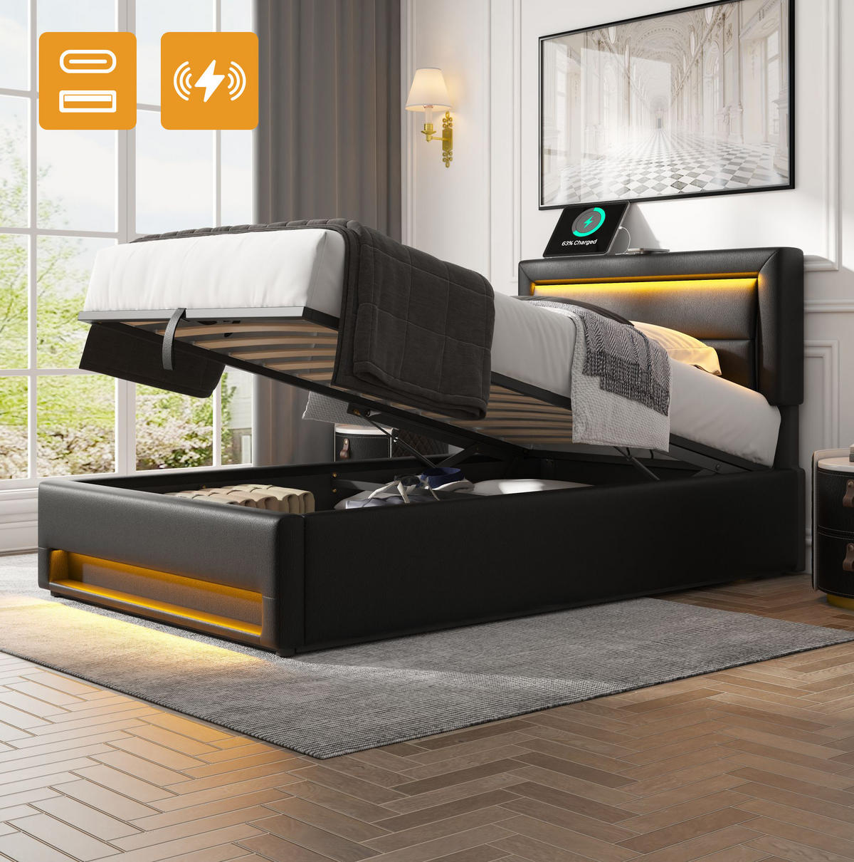 POLSTERBETT mit USB, LED und Stauraum 90x190 cm PU Schwarz - Schwarz, Metall (90/190cm) - Meubliv