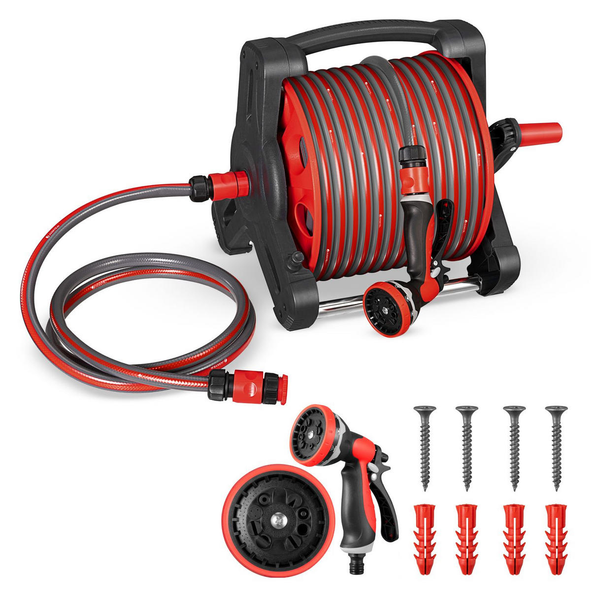 SCHLAUCHTROMMEL Basic rot / schwarz Wasserschlauch & Multifunktionshandbrause - Rot, Kunststoff (3000cm) - Juskys