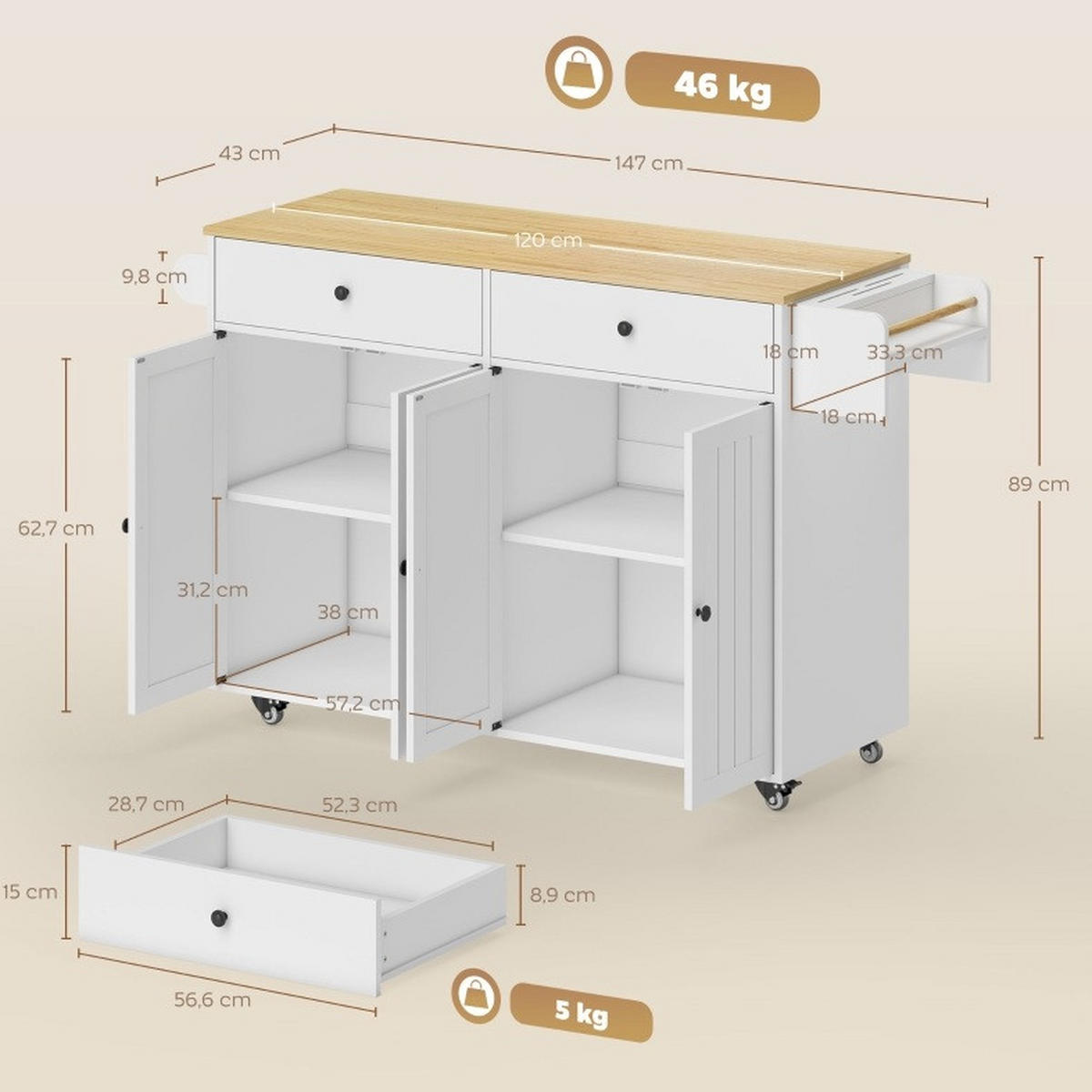 KÜCHENINSEL rollbar mit 2 Schubladen und 2 Schränken MDF Weiß - Weiß, Holz (43/89/147cm) - Beauniv