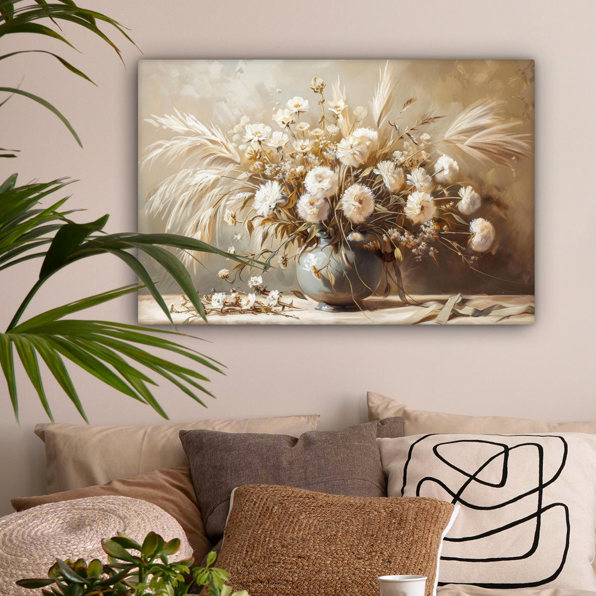 LEINWANDBILD Blumen - Vase - Stilleben - Beige Gemälde 60x40 cm - Creme, Textil (60/40cm) - MuchoWow