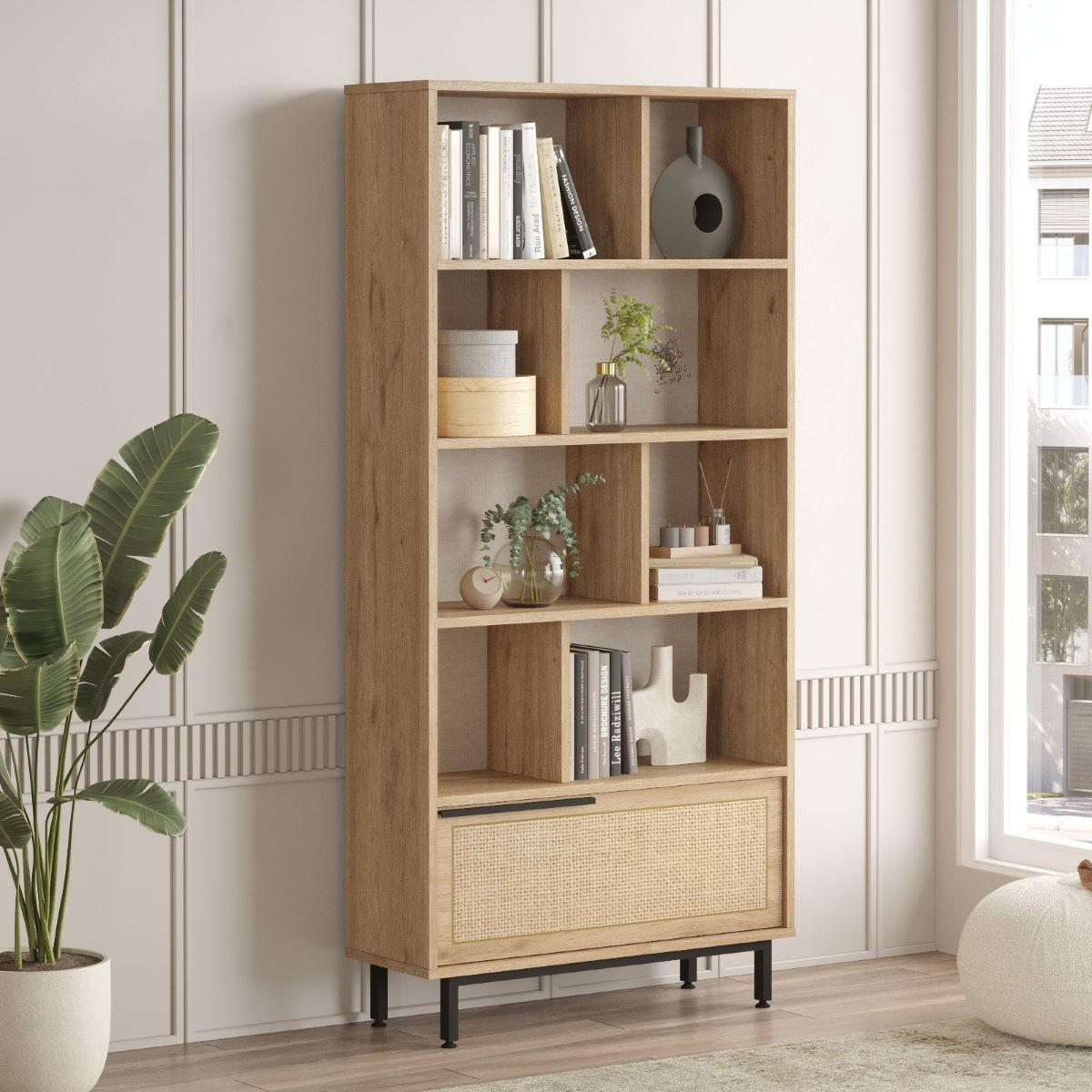 REGAL mit 9 Regalböden und 1 Tür, Eichen-Dekor und Rattan-Druck - H175,6 cm - Apfelbaumfarben, Holzwerkstoff (29.5/175.6/83.9cm) - Calicosy