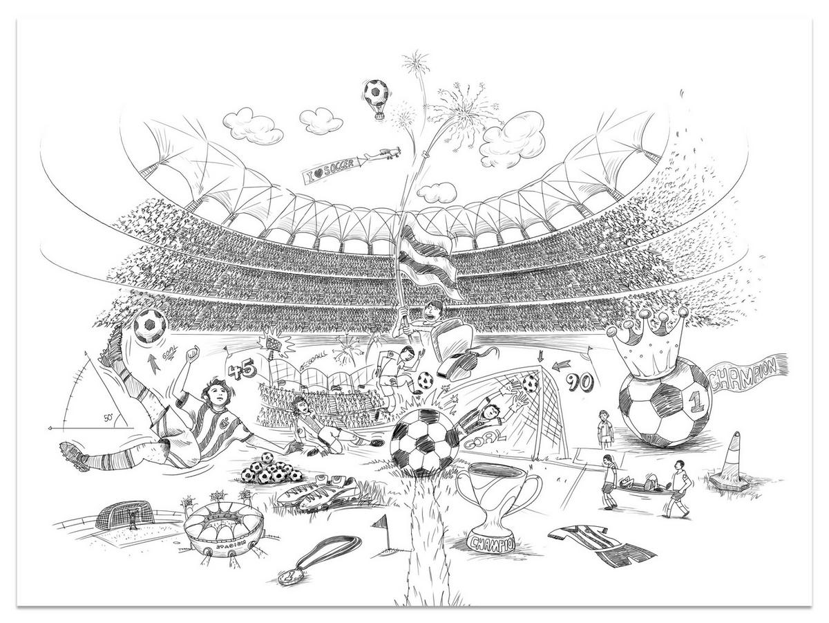 FOTOTAPETA Pre Detskú Izbu Futbalový Štadión Skica Hráč Lopta Pohár Šport 450 x 315 cm - sivá/biela, papier (450/315cm) - Muralo