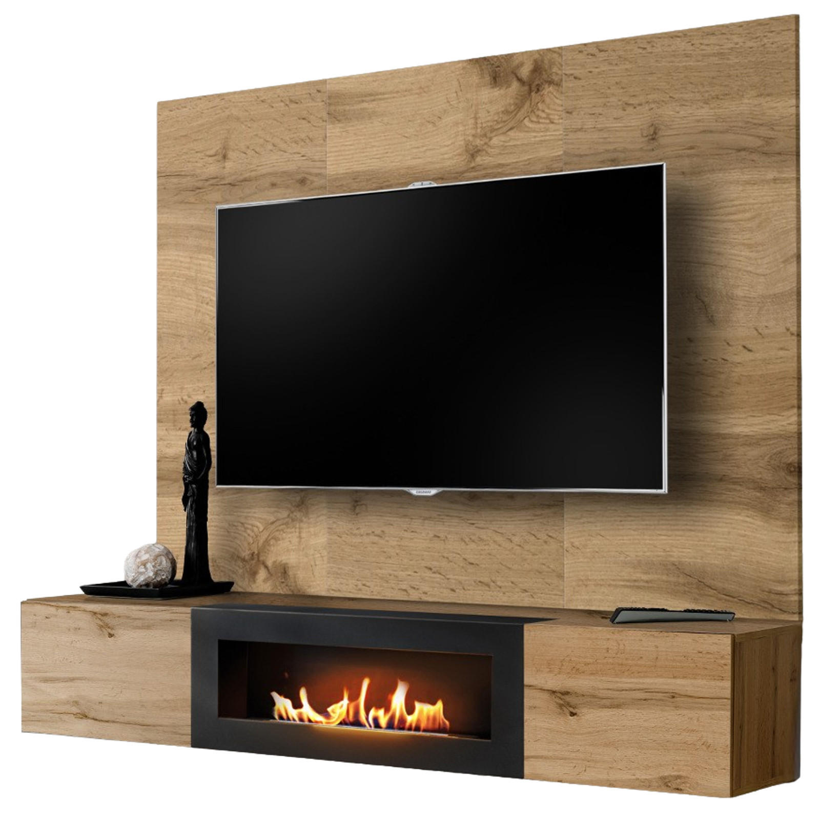 TV-LOWBOARD Eiche Wotan 180 cm hängend, Set inklusive Ethanol Kamin und Wandpaneel - Eiche Wotan, Holzwerkstoff (180/148/40cm) - Inn.Furn