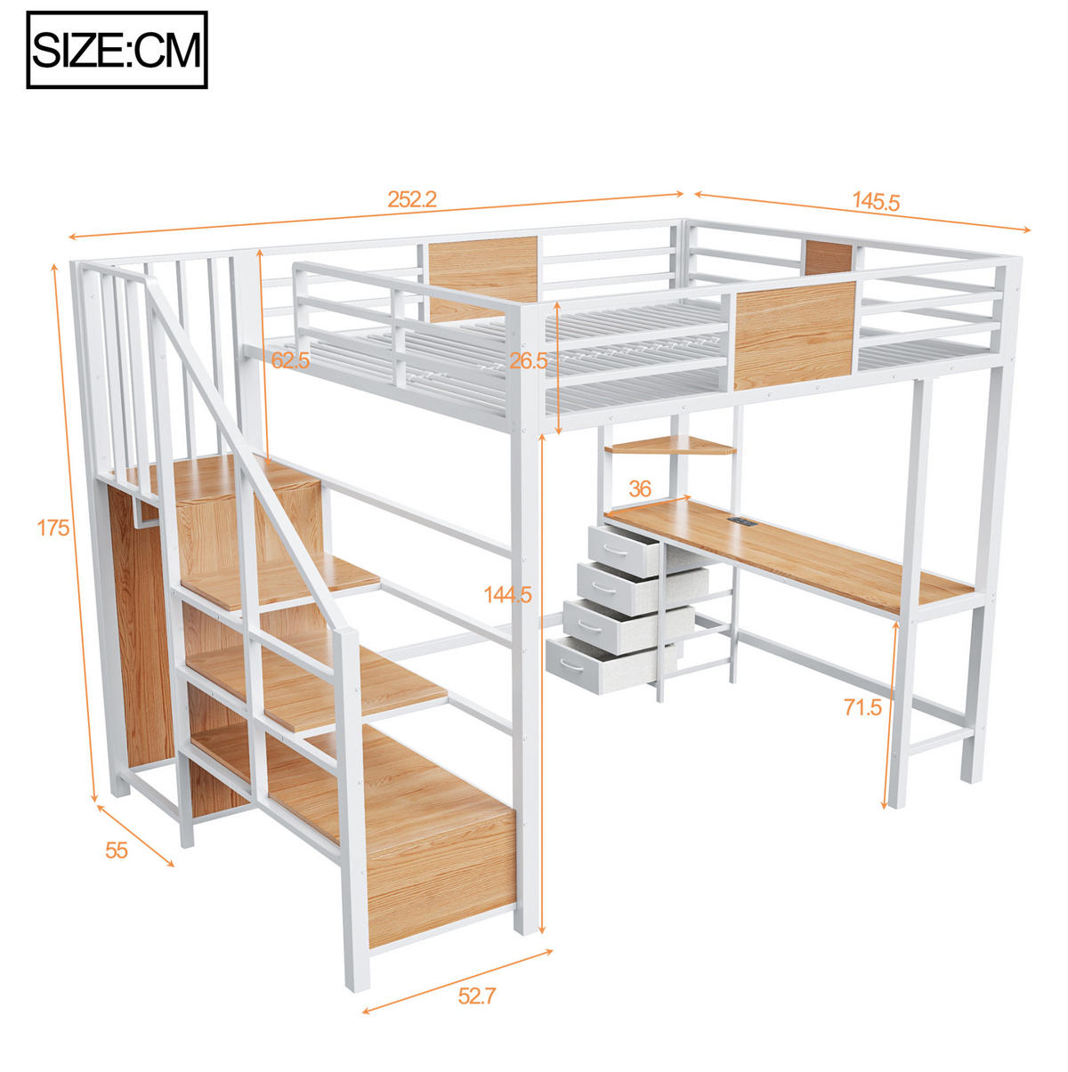 HOCHBETT 140/200 cm aus Metall mit Schreibtisch, Stauraum, LED und Steckdose, Weiß - Weiß, Metall (140/200cm) - OKMYHOME