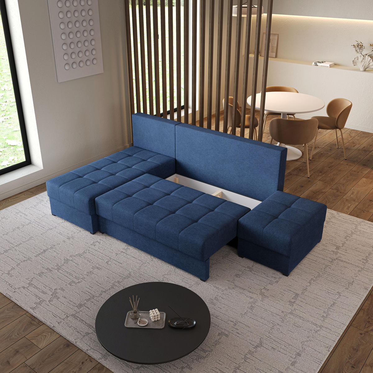 ECKSOFA NORVI Blau Geflochtener Stoff mit Schlaffunktion - Blau, Holz (251/143cm) - MASSENO