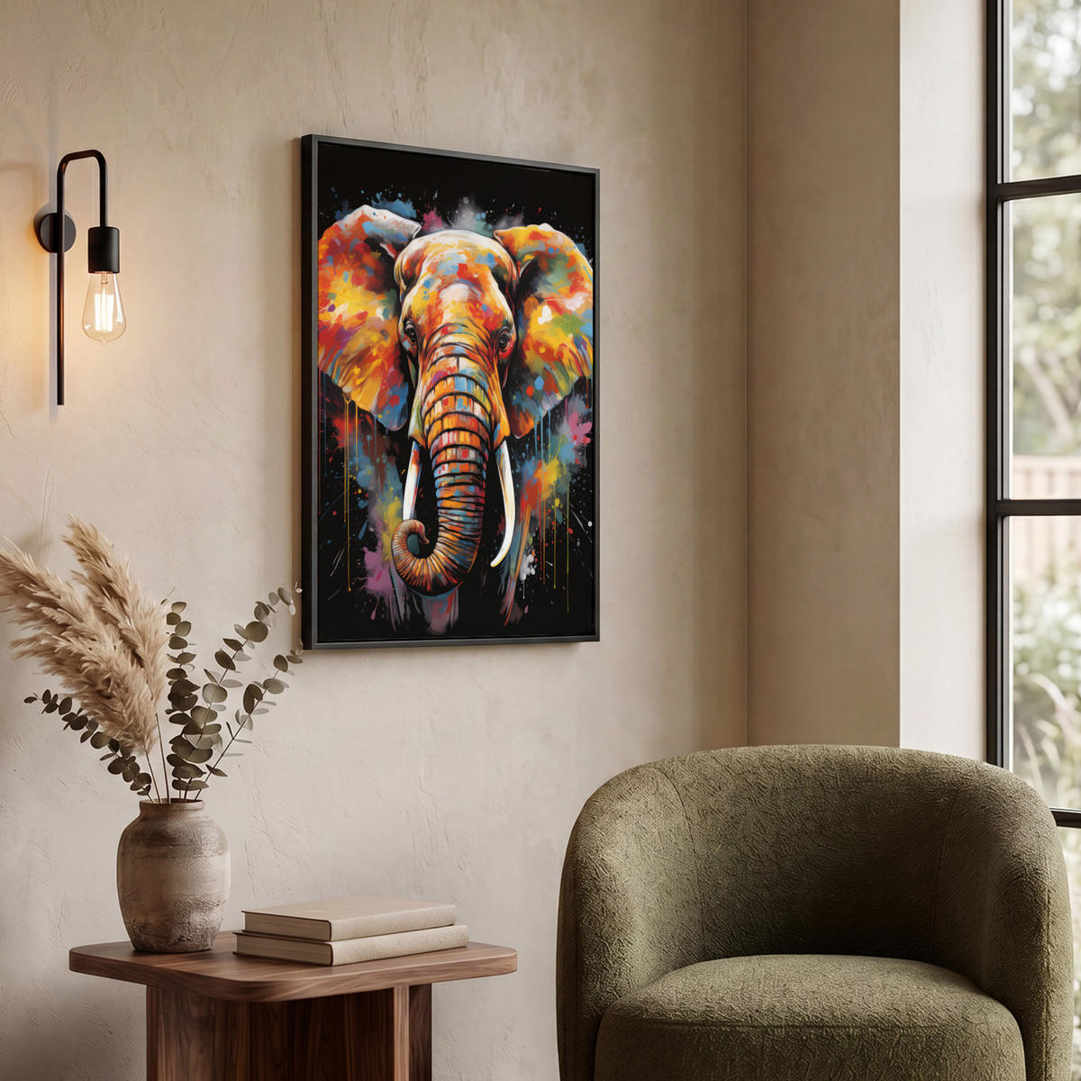 LEINWAND Bilder mit Rahmen - Elefant - Graffiti - Schwarz - Tiere - Farben - 50x70 - Schwarz, Textil (50/70cm) - MuchoWow