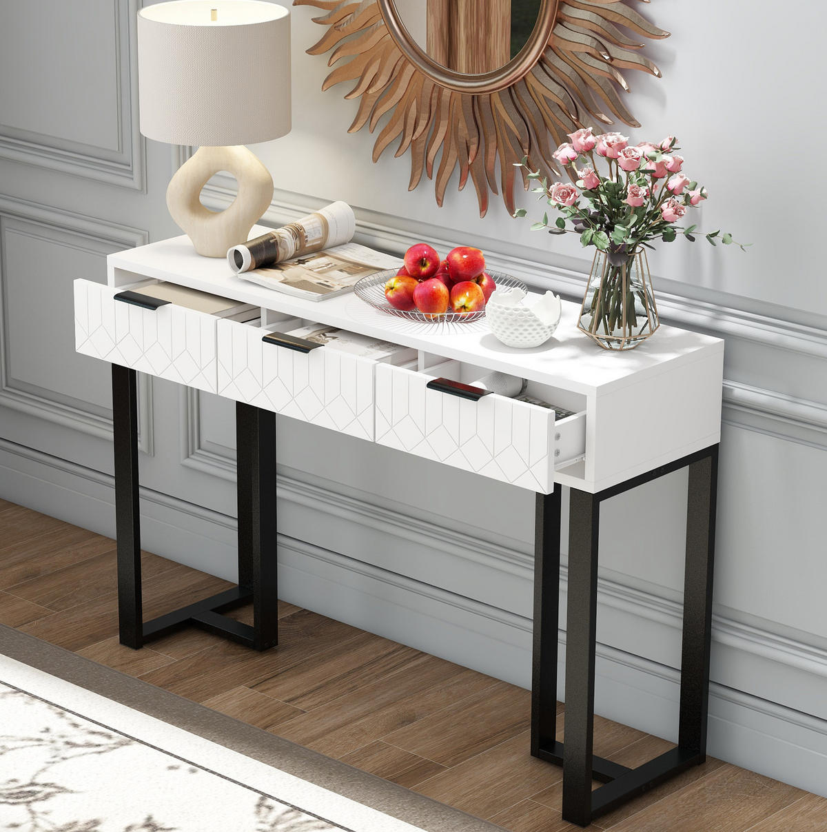 KONSOLENTISCH aus MDF 120x36x80 cm Schwarz/Weiß mit Schubladen und goldfarbenem Metallgestell - Schwarz, Holzwerkstoff (36/120/80cm) - IVMEU