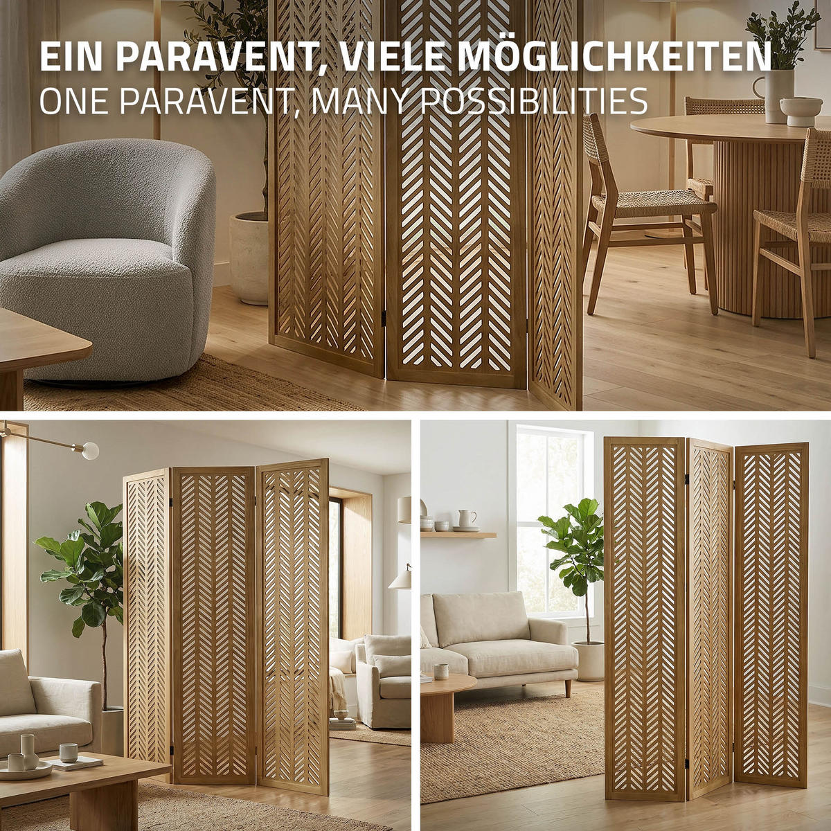 PARAVENT 3dílný Kobe 170 x 121 cm, přírodní, ze dřeva - hnědá, dřevo (121/170/2cm) - ML-DESIGN