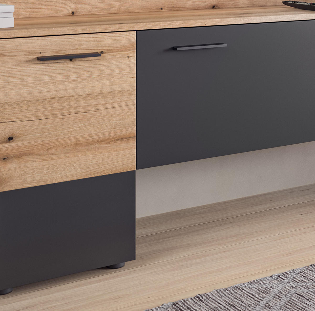 WOHNWAND grau, Evoke Eiche 195 cm, Schrankwand mit Soft-Close - Eichefarben/Schwarz, Holzwerkstoff/Kunststoff (195/196/37cm) - Inn.Furn