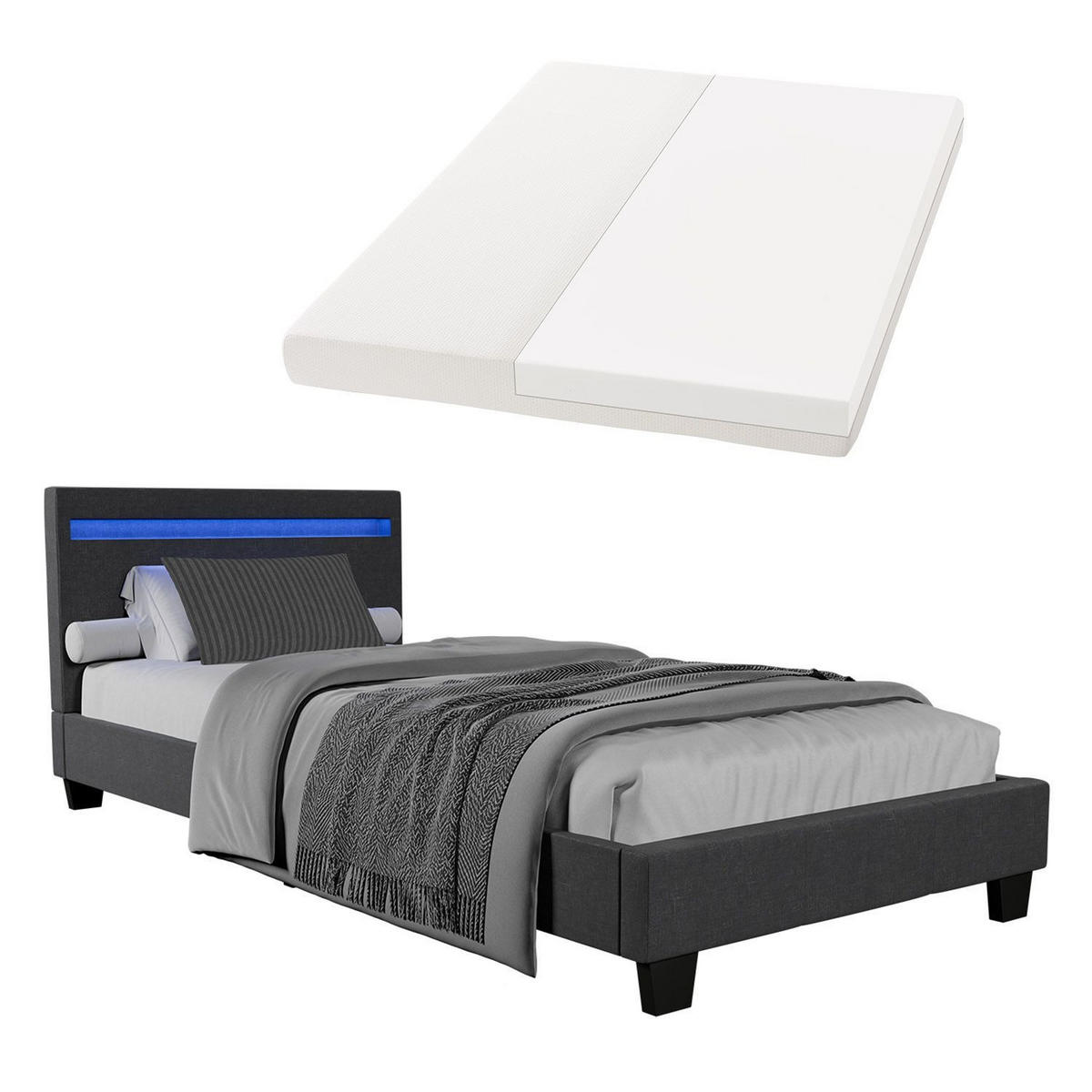 POLSTERBETT Verona mit Matratze und LED dunkelgrau 90x200cm - Grau, Textil (90/200cm) - Juskys