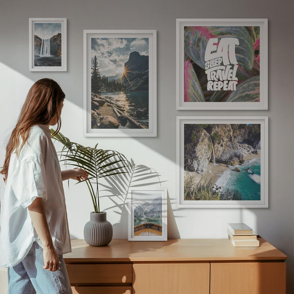 WANDBILDER 5er-Set - 50x50 cm & 20x30 cm & 40x60 cm Weißer Rahmen - Wasserfall Bergreise Natur - Weiß, Kunststoff (40/60cm) - ArtPrintCave