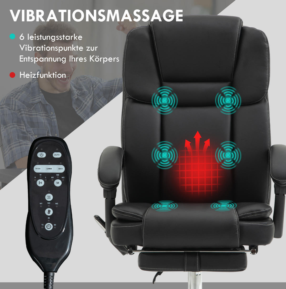 BÜROSTUHL mit Massage und Fußstütze höhenverstellbar Schwarz - Schwarz, Kunststoff (67/126/66cm) - Meubliv
